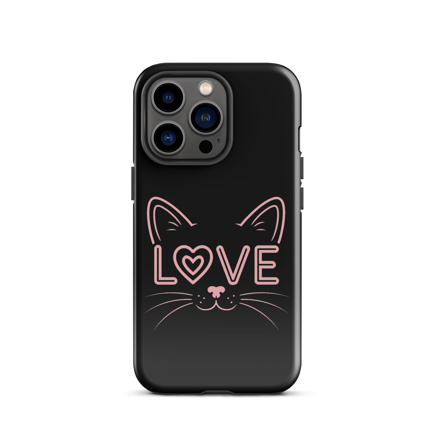 Cat Love phone case for iPhone with minimalist cat face design and 'love' text, sleek protection for feline lovers.