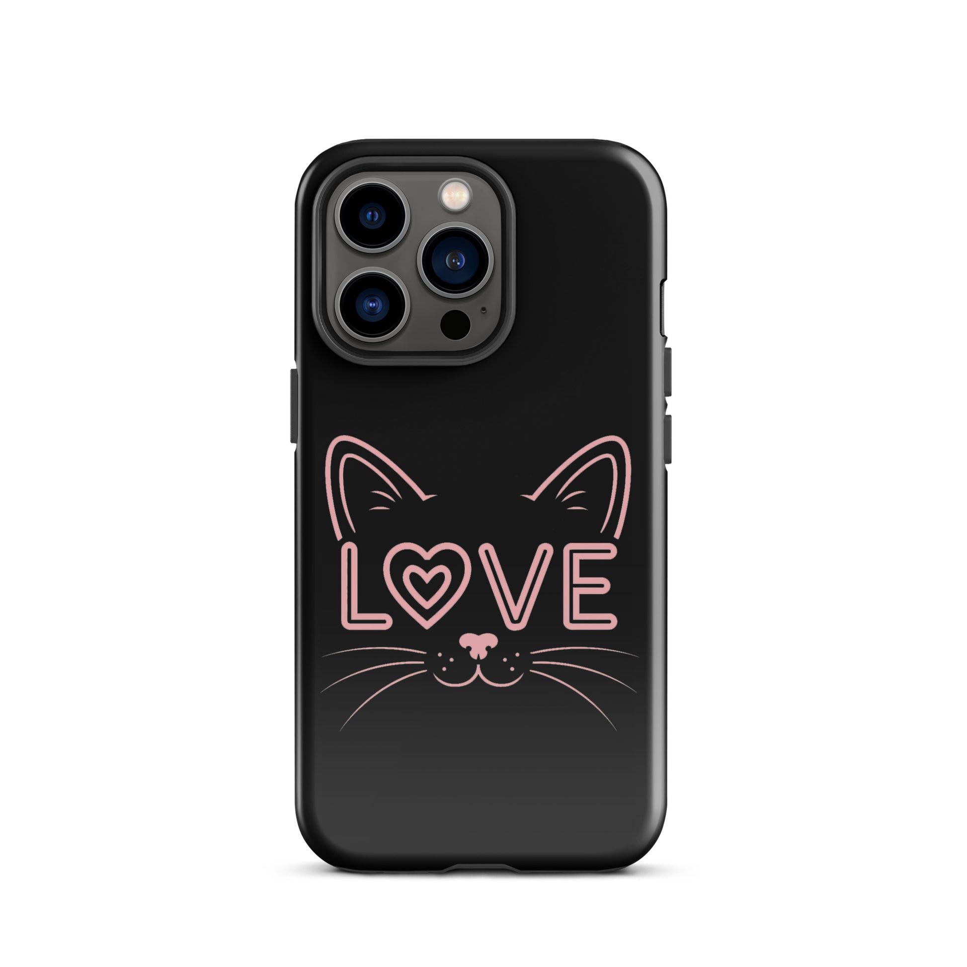 Cat Love phone case for iPhone with minimalist cat face design and 'love' text, sleek protection for feline lovers.