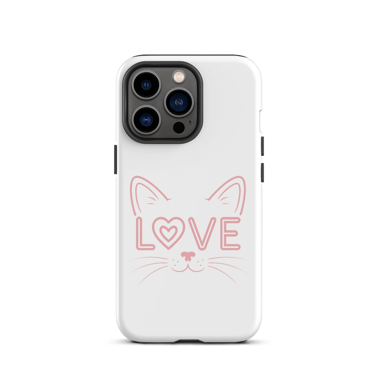 Cat Love phone case for iPhone with minimalist cat face design and "love" text, perfect for feline fanatics looking for stylish protection.