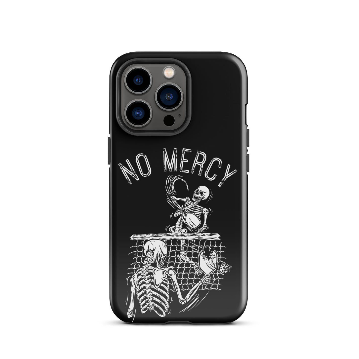 Pickleball iPhone case featuring a 'No Mercy' skeleton design, highlighting aggressive play on the court and phone protection.