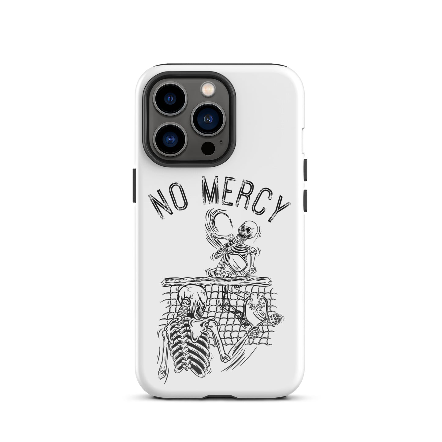 Pickleball iPhone case with 'No Mercy' skeleton design for aggressive players.