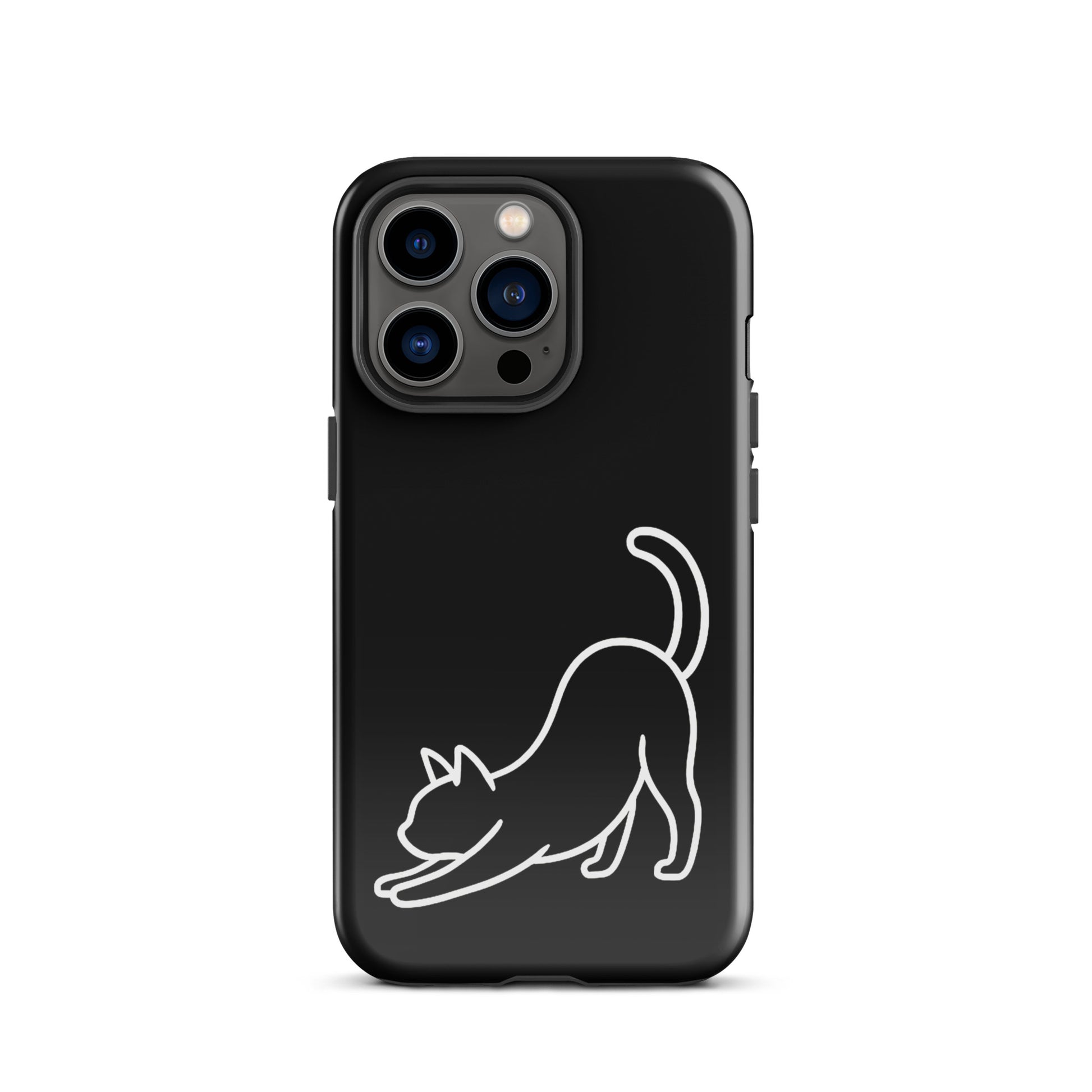 Phone Case for iPhone with minimalist stretching cat design, offering impact protection, perfect for cat lovers.