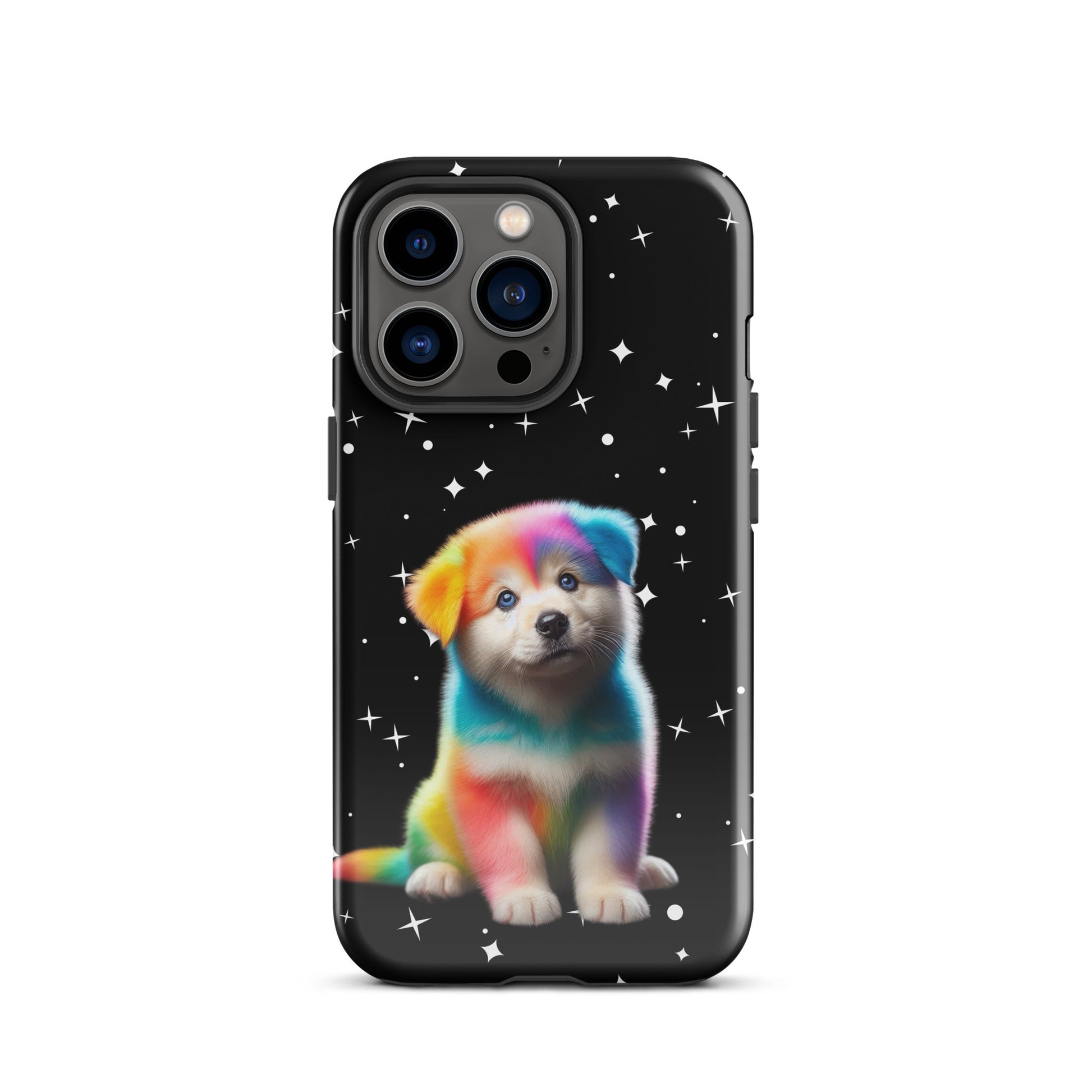 Phone Case with rainbow puppy design against a starry night sky, blending vibrant colors and playful art for iPhone protection.
