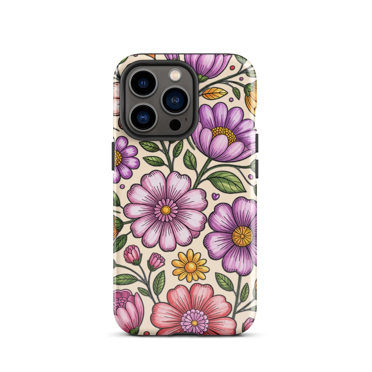 Phone Case for iPhone with pastel floral design, showcasing pink, peach, and lavender flowers on durable polycarbonate shell.