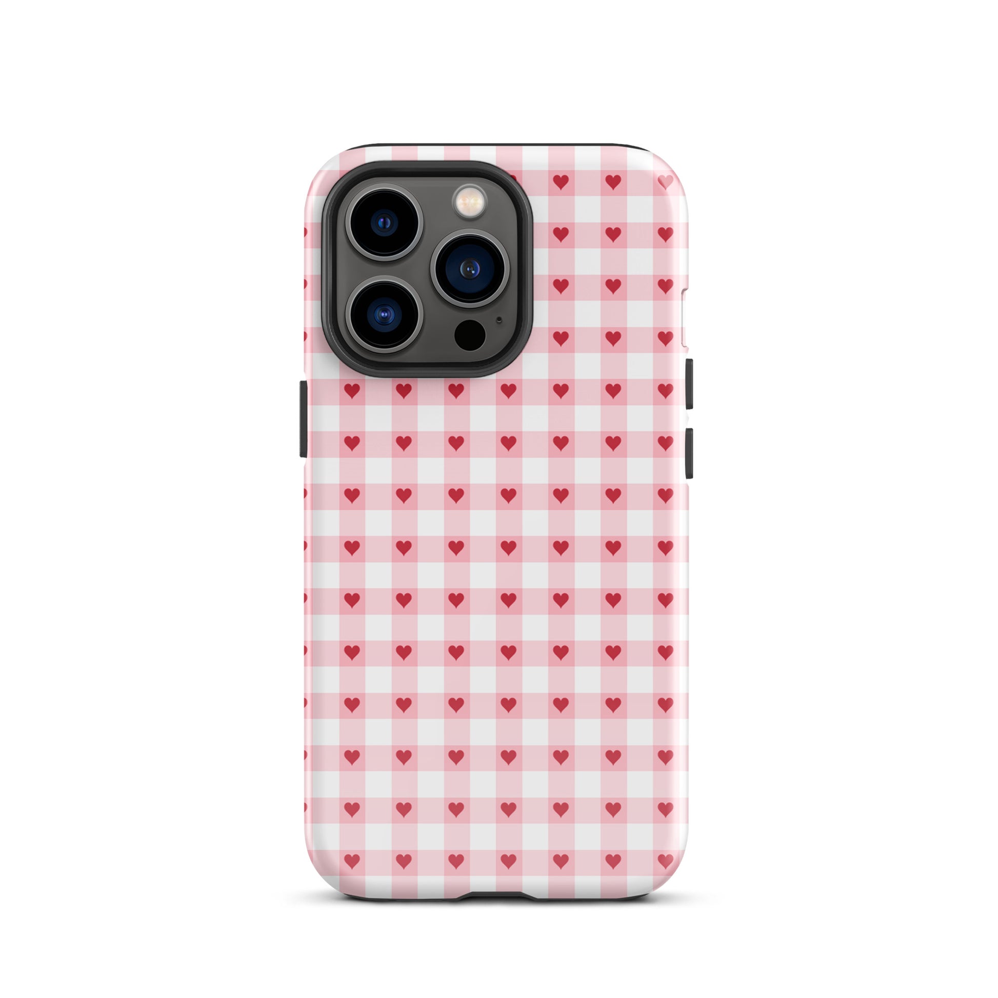 Phone Case for iPhone with pink-and-white gingham and red heart pattern, blending charm and luxury in chic, durable design.
