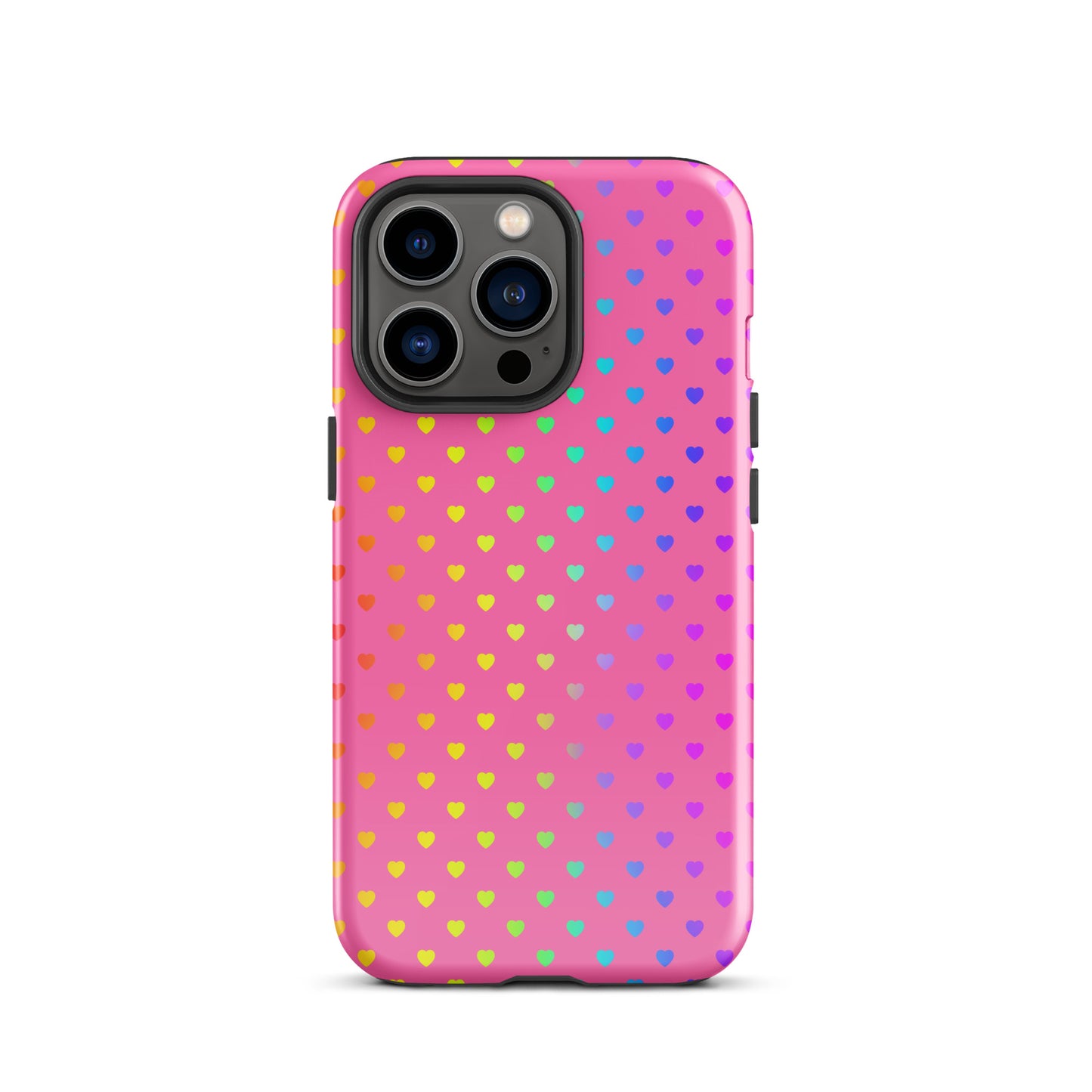 Phone Case for iPhone with cute rainbow hearts on pink background, dual-layer protection, colorful and playful design.