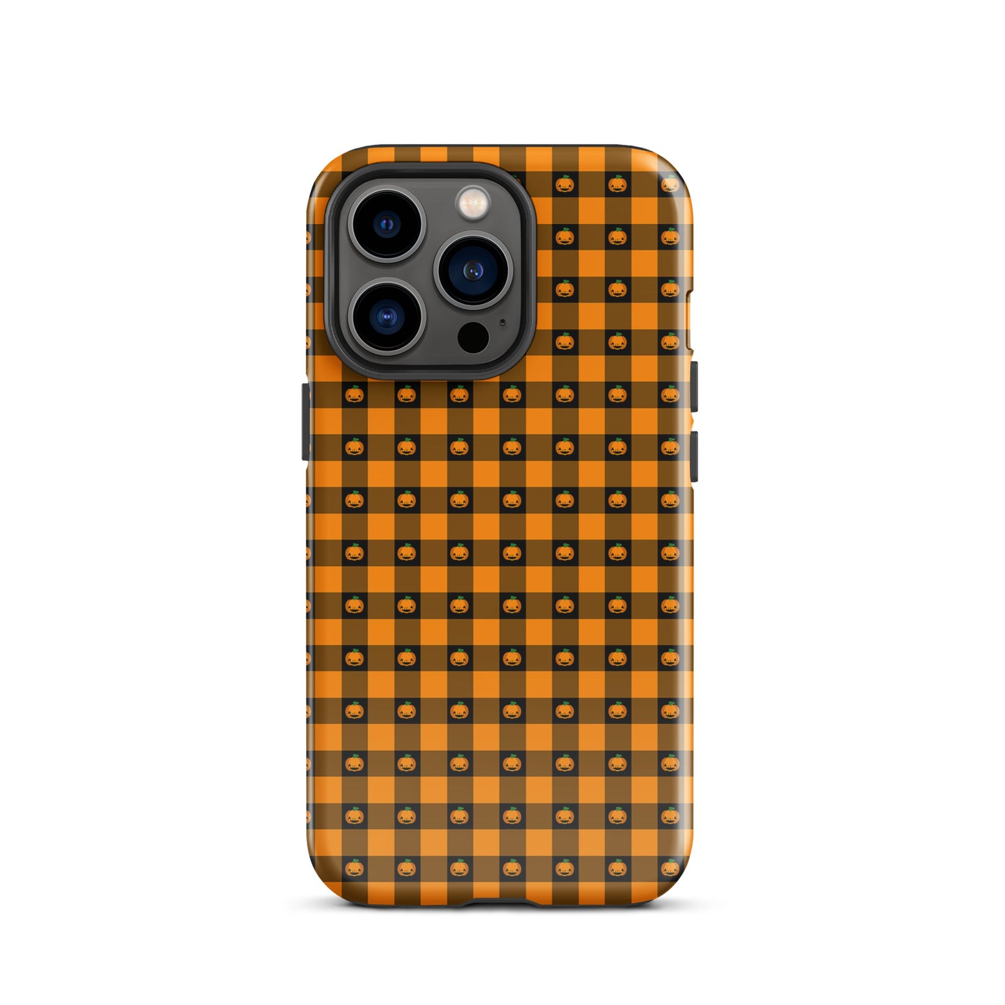 Phone Case for iPhone with playful pumpkin gingham Halloween design, featuring jack-o’-lanterns on a bold orange and black checker pattern.