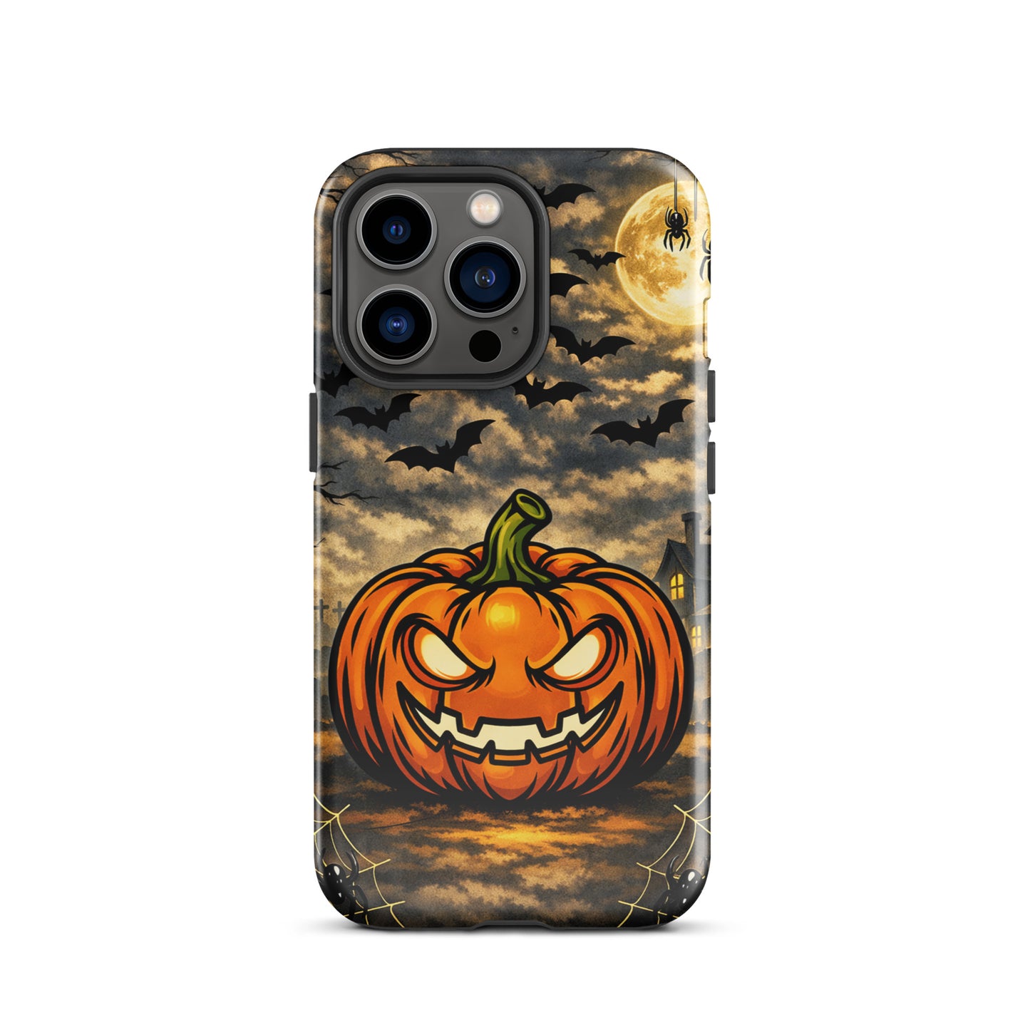 Phone Case for iPhone with haunted pumpkin, bats, moonlit clouds, and haunted house, perfect for Halloween.