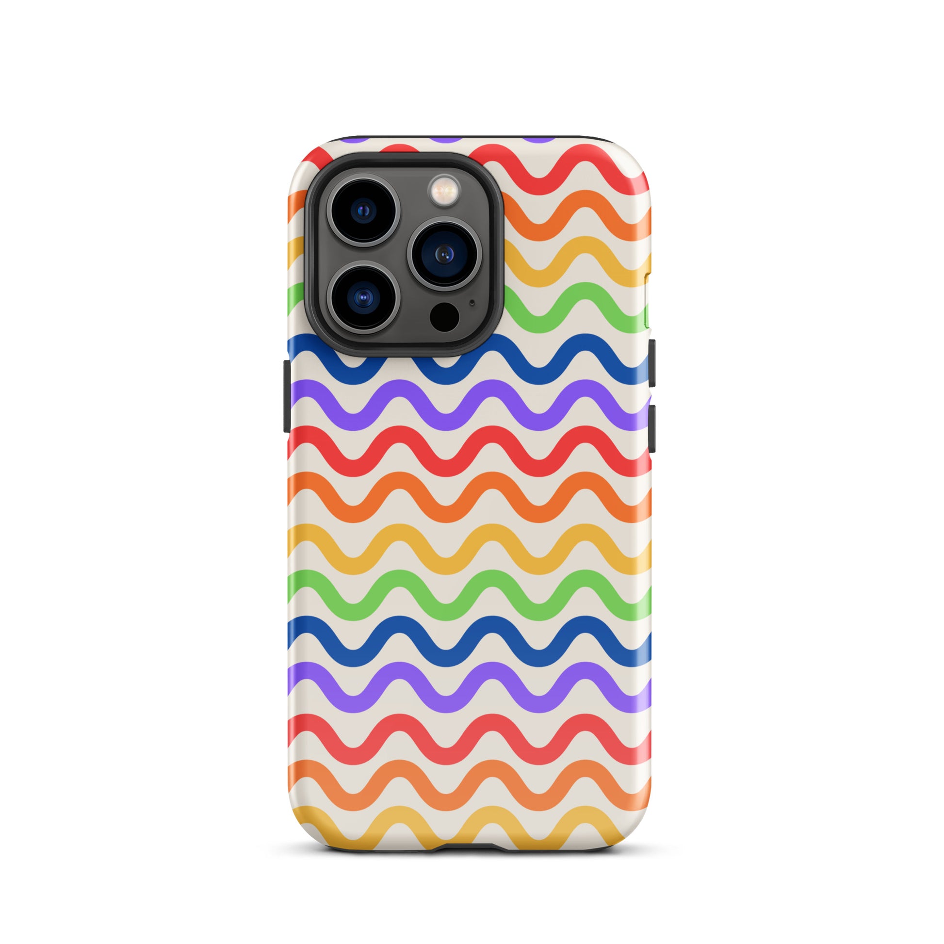 Phone Case for iPhone with wavy rainbow pattern, showcasing vibrant colors on a white backdrop for a cheerful yet durable style.
