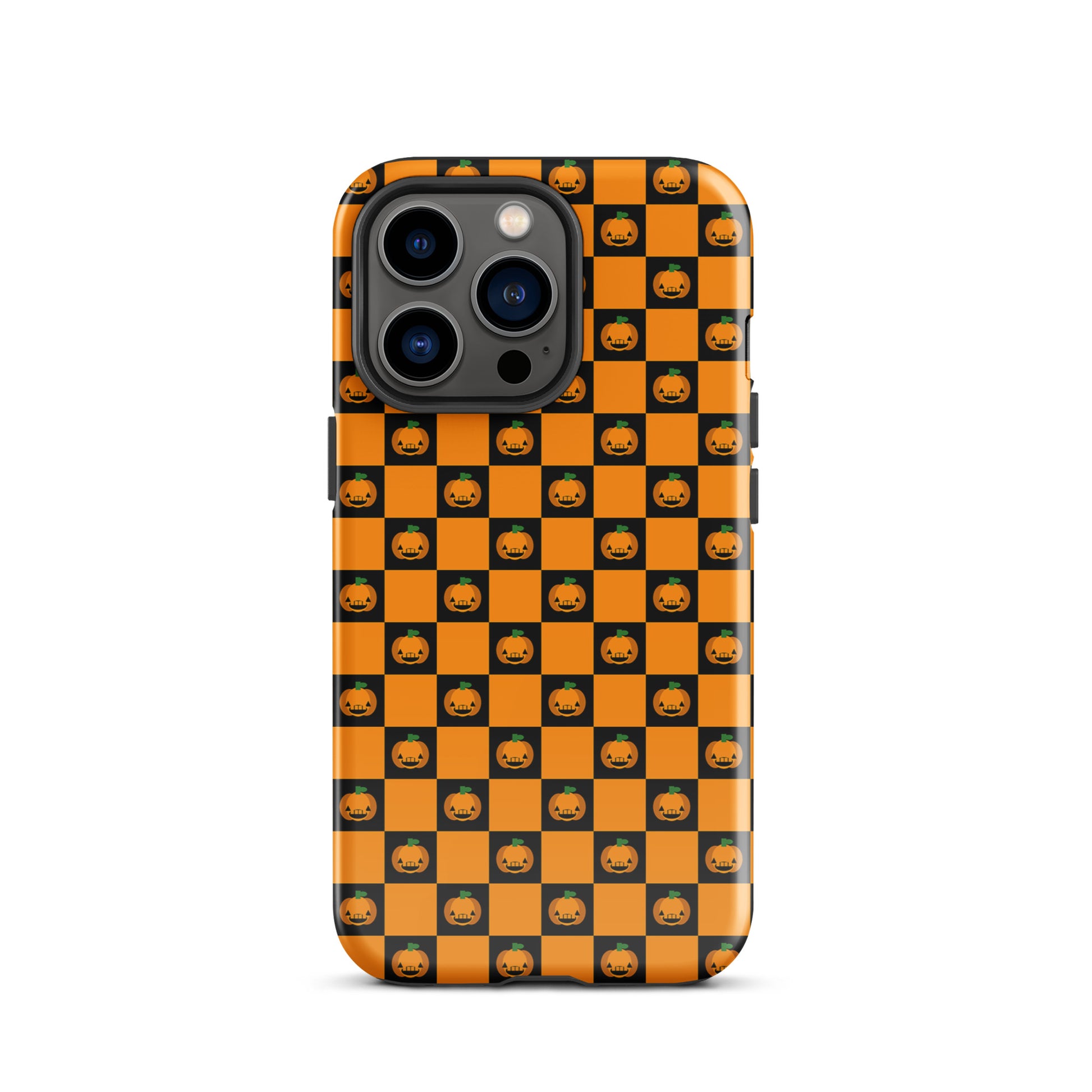 Phone Case with pumpkin checkered Halloween design for iPhone, featuring orange and black squares with jack-o'-lanterns.