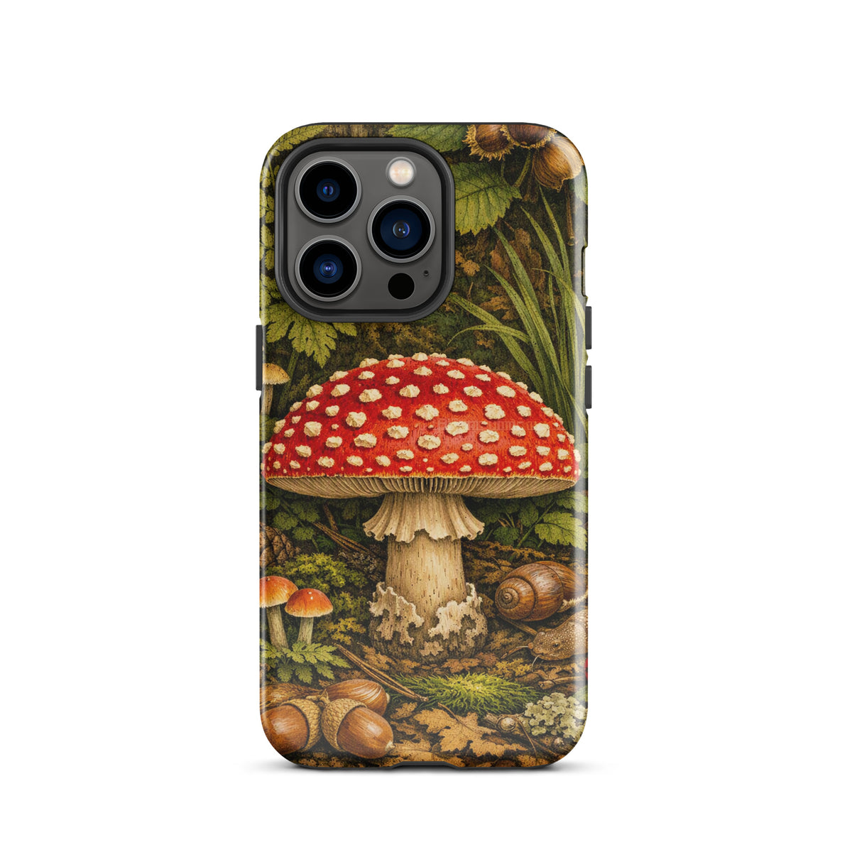 Phone Case featuring vivid Amanita muscaria mushroom with red cap in lush forest design for iPhone