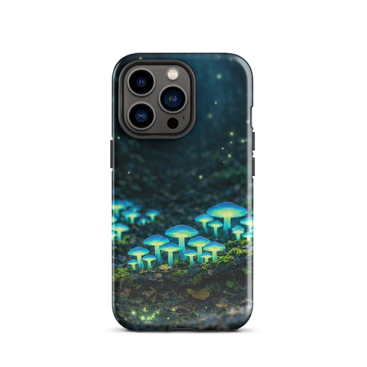 Phone Case featuring glowing forest mushrooms with ethereal blue-green bioluminescence, fits iPhone. Magical and mystical design choice.