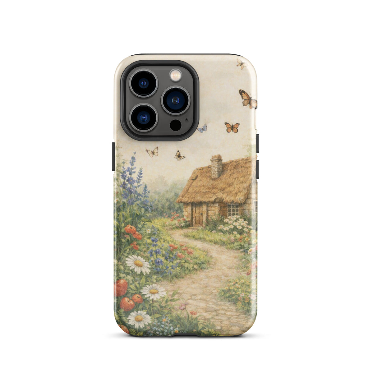 Phone Case for iPhone featuring a quaint stone cottage and vibrant garden design on a soft cream background.