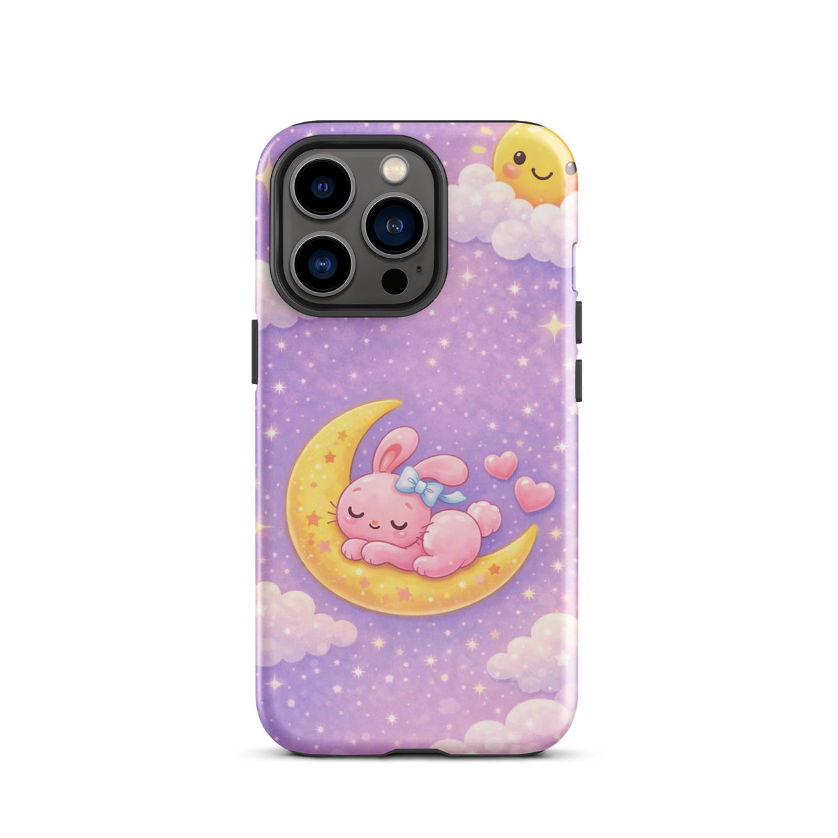 Phone Case for iPhone with cute bunny on moon design, dreamy stars backdrop, cozy celestial aesthetic.