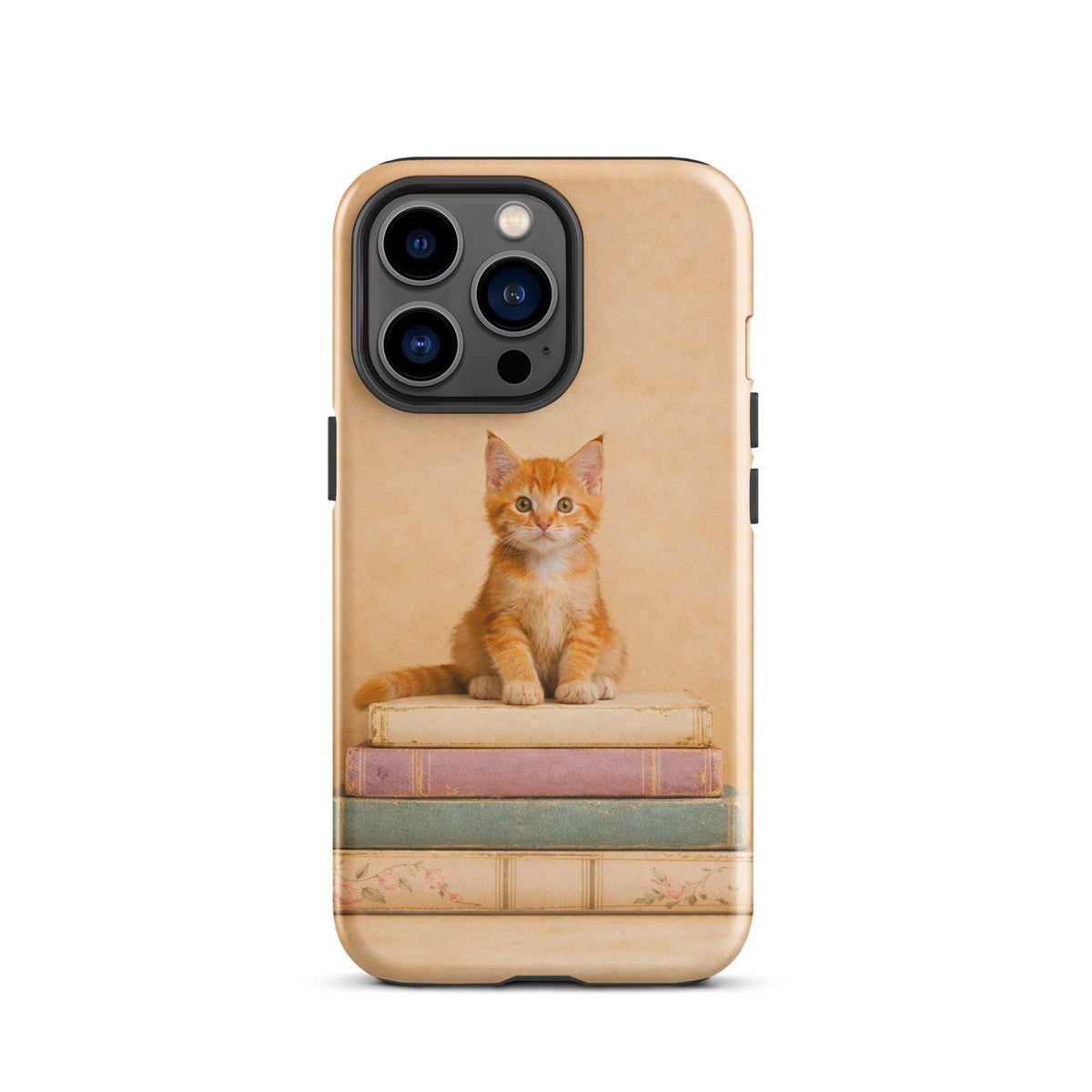 Phone Case for iPhone with cozy kitten on vintage books design, featuring an orange tabby cat. Perfect for cat and book lovers.