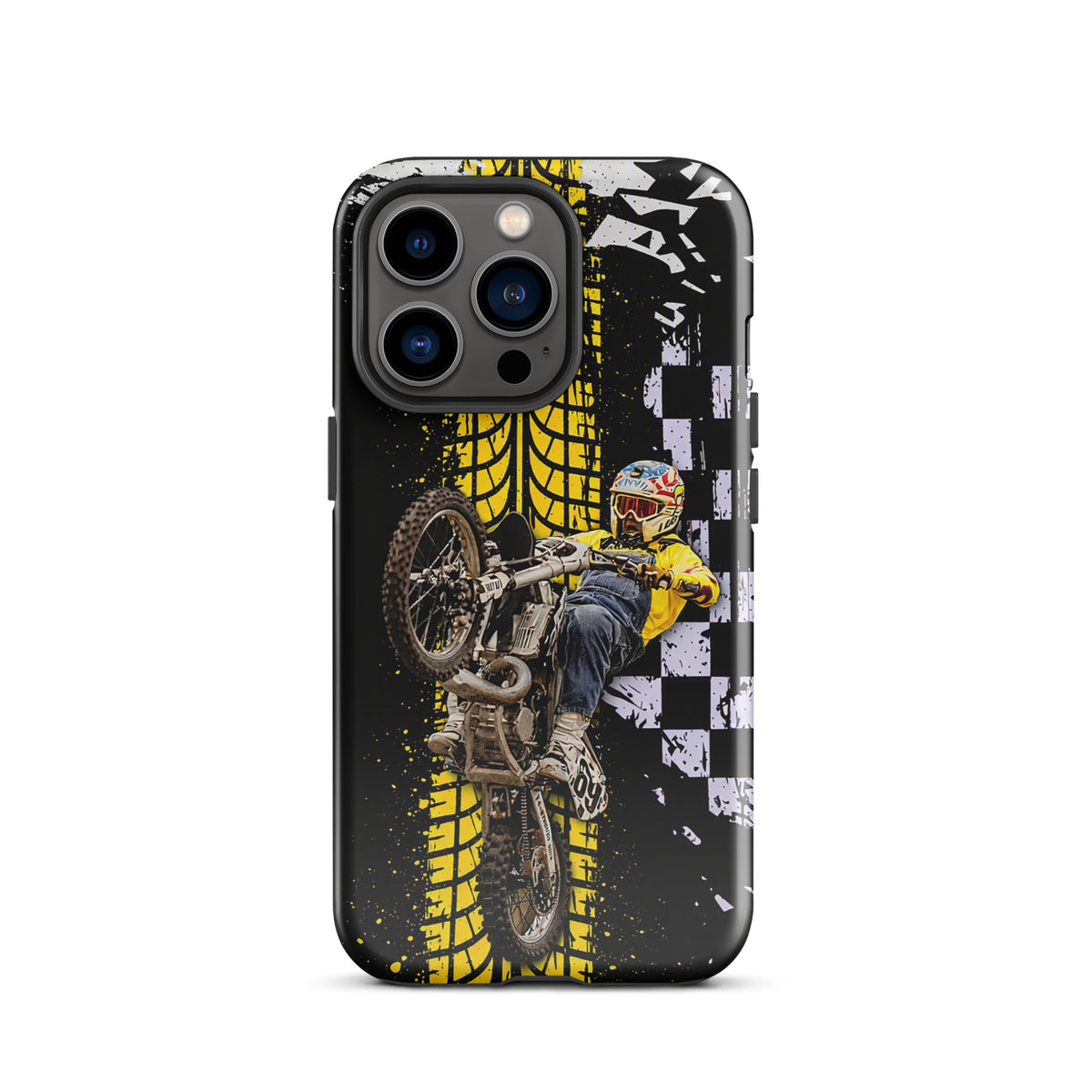 Phone Case for iPhone featuring motocross design with Ronnie Mac air-wheelie, black, white, yellow palette and checkerboard pattern.