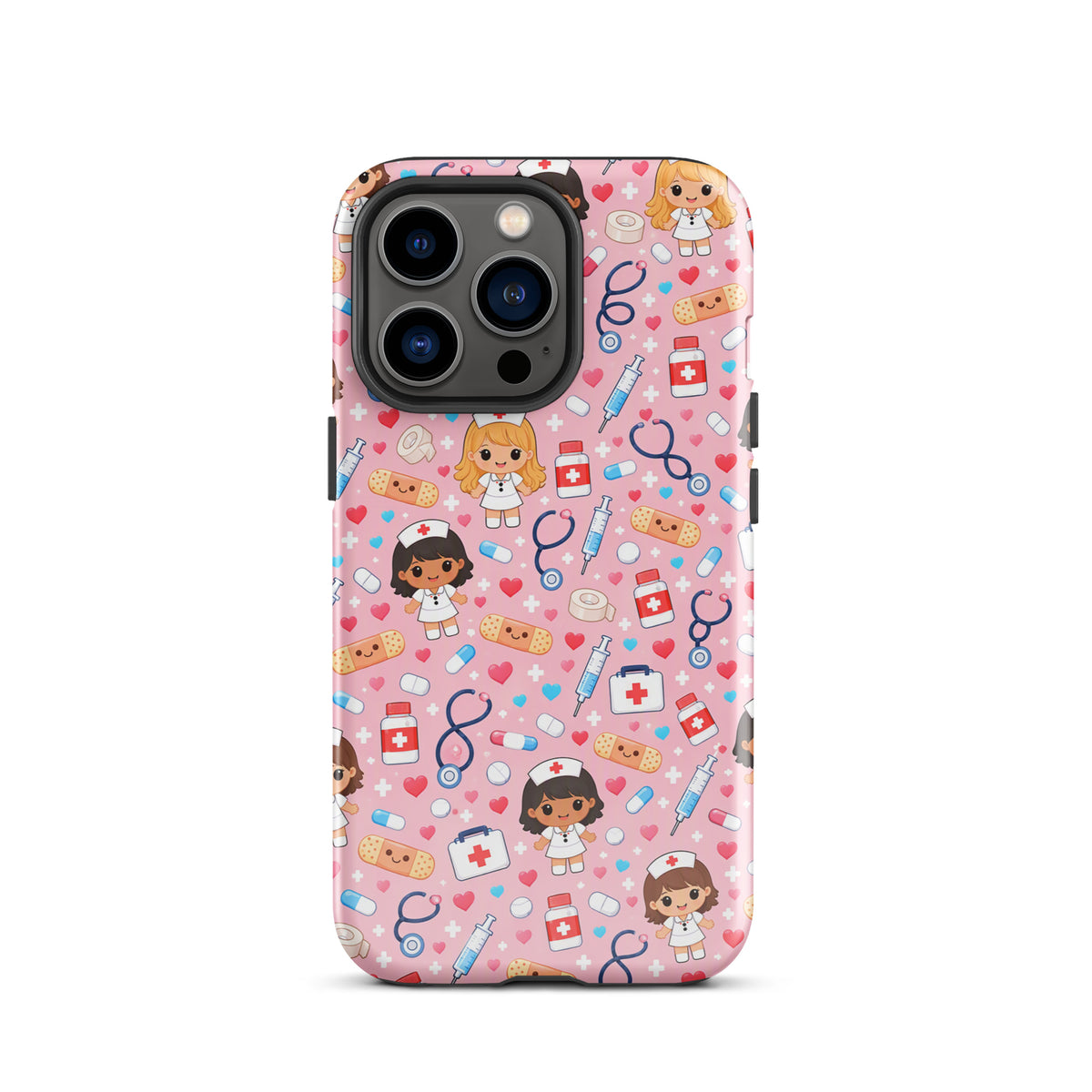Phone Case for iPhone with cute kawaii nurse medical pattern on pink background featuring nurse characters, stethoscopes, and medical items.