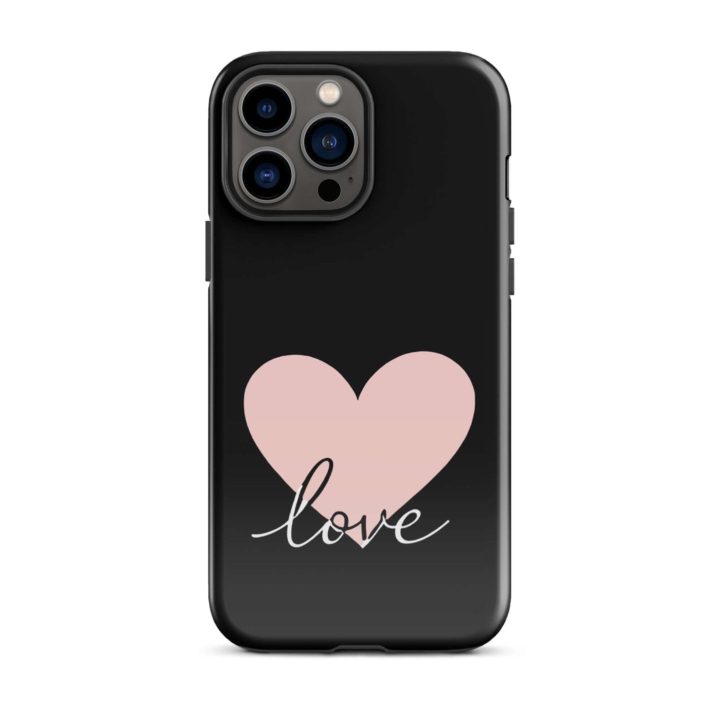 Phone Case for iPhone featuring pink heart and script love design on a sleek black background.