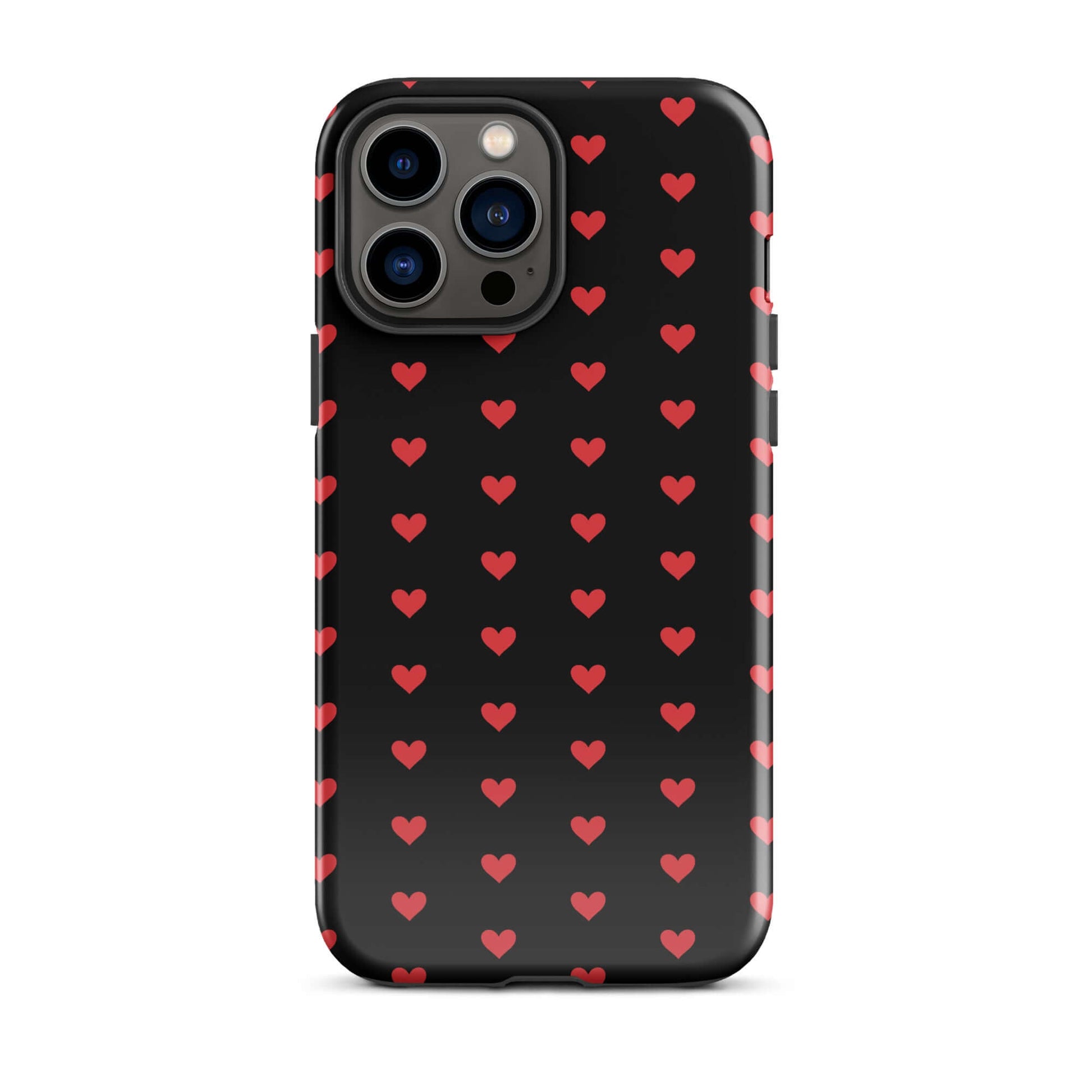 Phone Case for iPhone featuring fiery red hearts on a black background, combining bold design with premium protection.