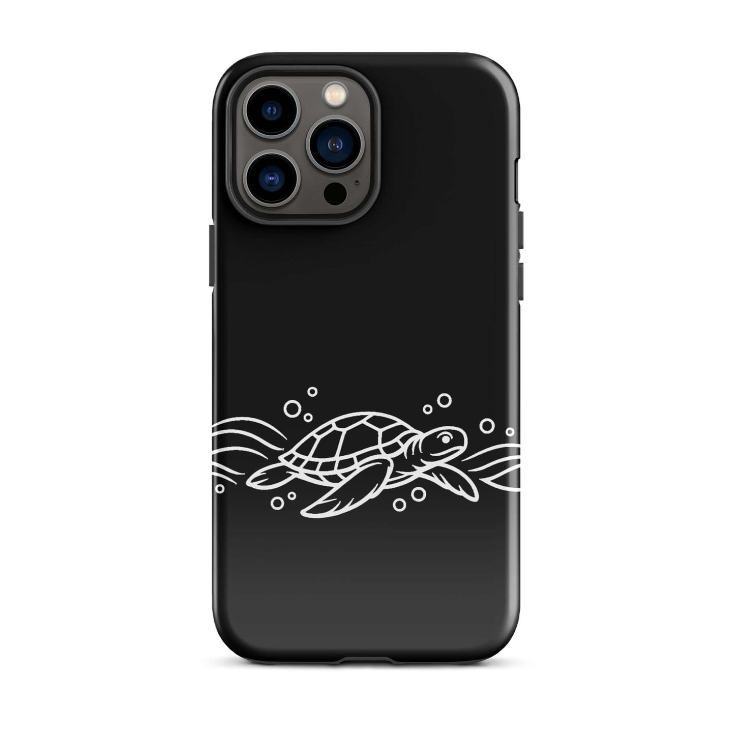 Phone Case featuring a minimalist sea turtle design with abstract waves and bubbles on a sleek black background.