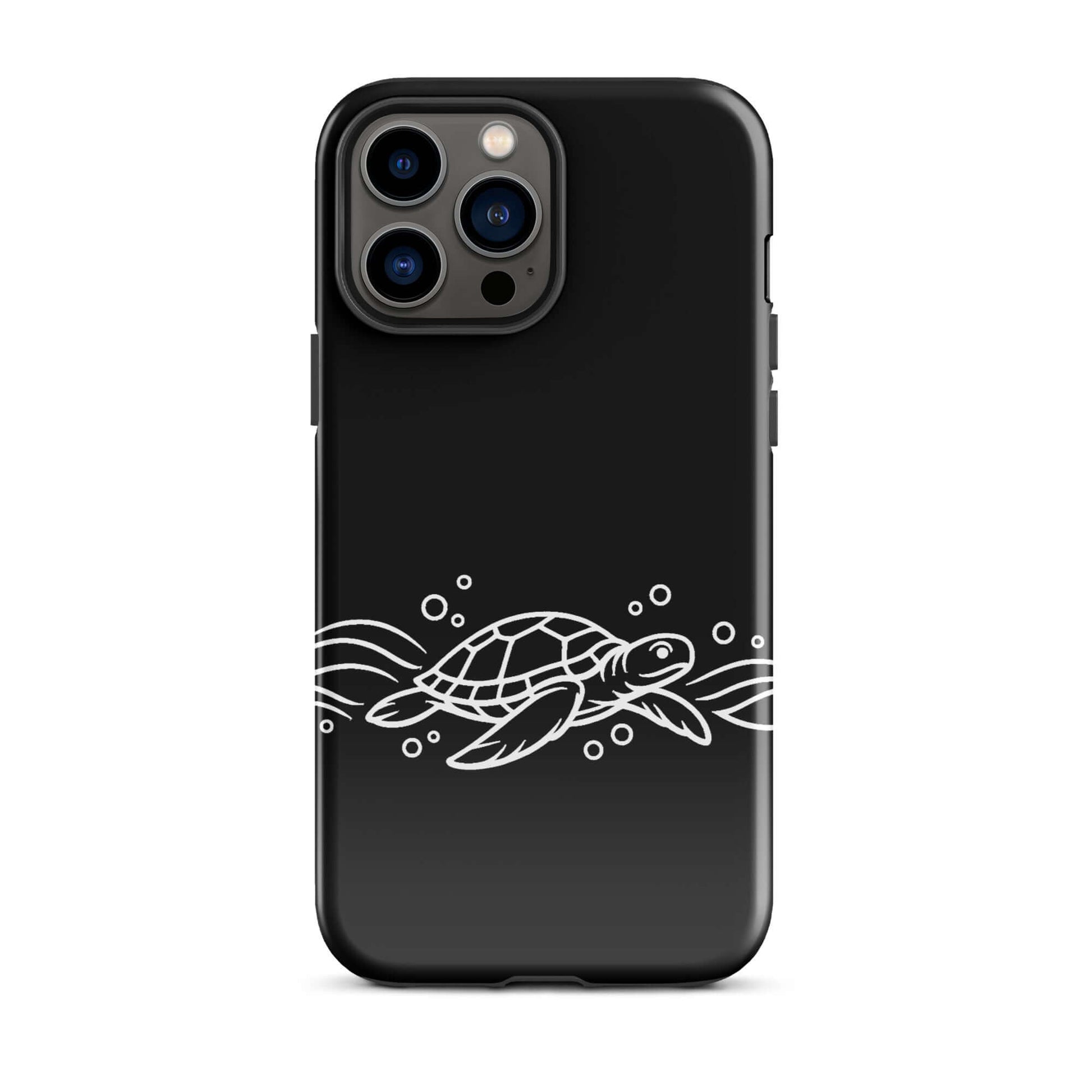 Phone Case featuring a minimalist sea turtle design with abstract waves and bubbles on a sleek black background.