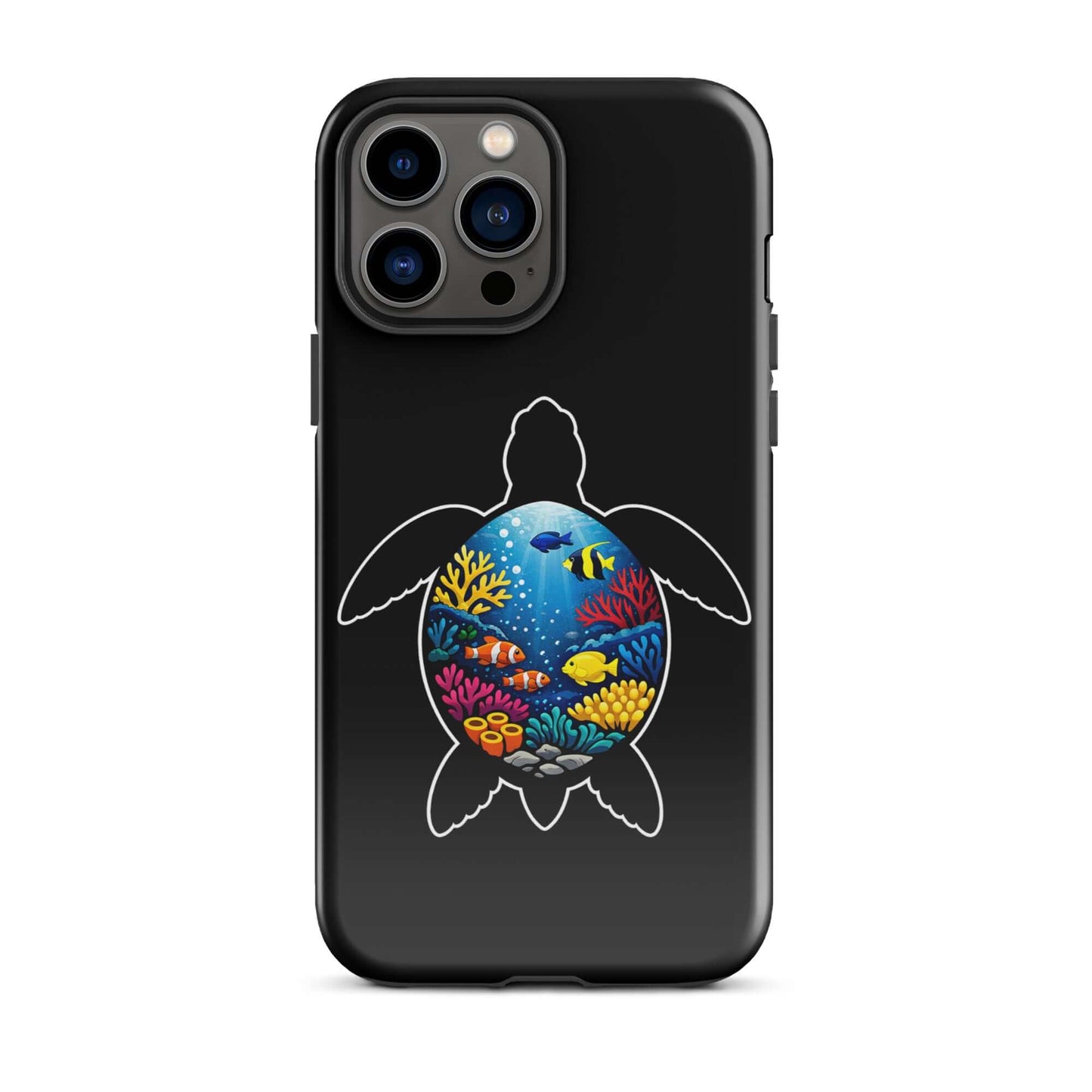 Phone Case for iPhone featuring a sea turtle and coral reef design on a black background