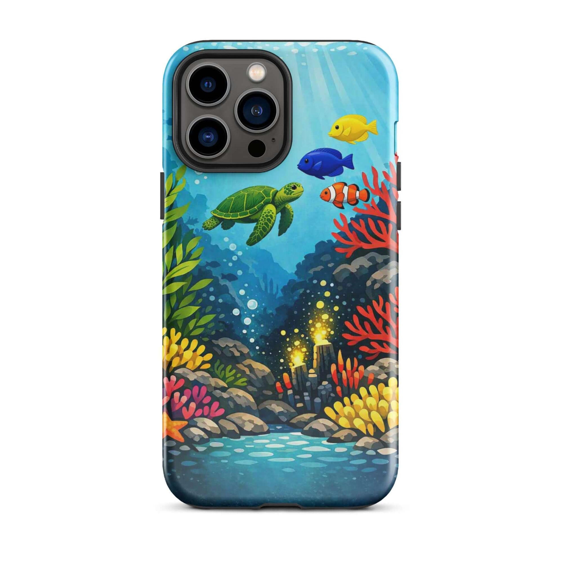 Phone case designed with vibrant sea turtle and coral reef artwork, perfect for ocean lovers and protection.