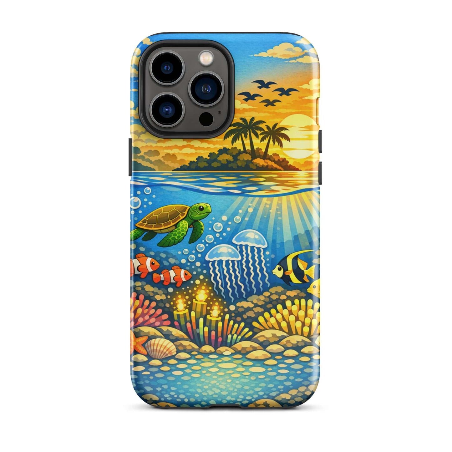 Phone Case featuring a tropical sunset and colorful underwater reef scene with sea turtles and coral.