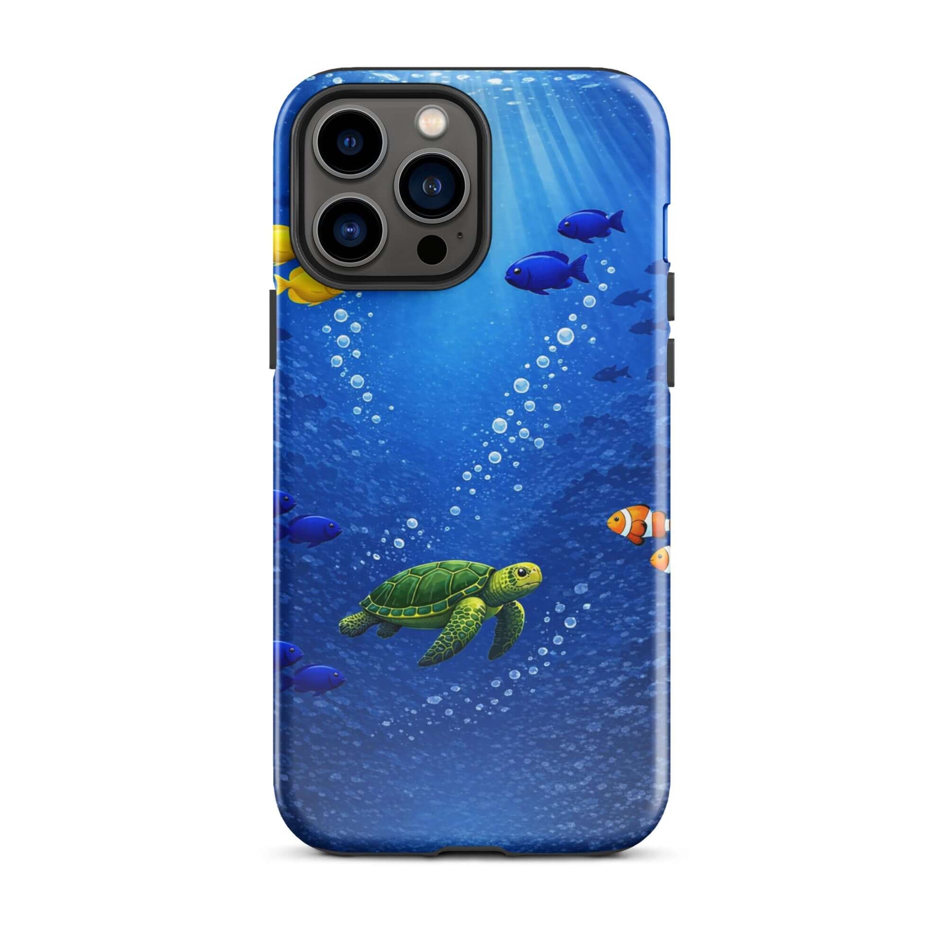 Phone Case for iPhone featuring a sea turtle swimming in a vibrant underwater scene with tropical fish.