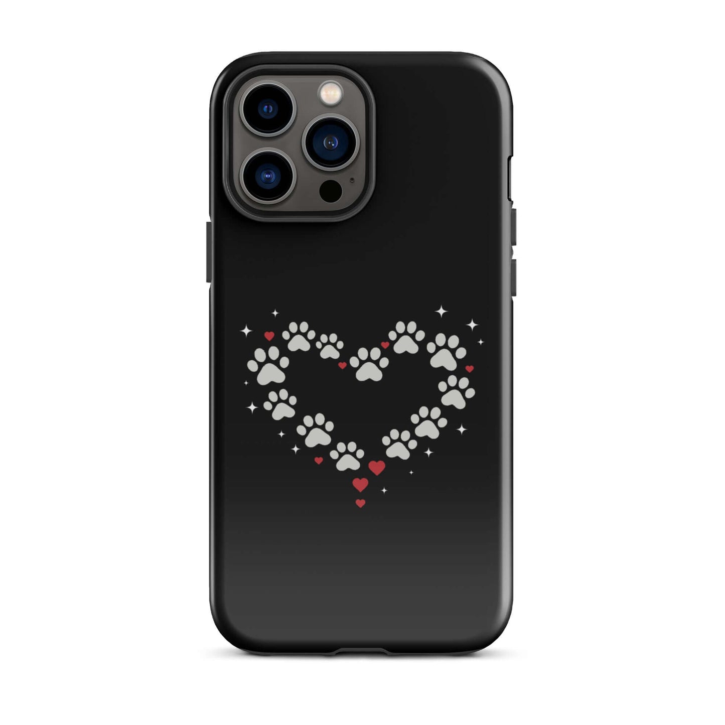Phone Case for iPhone with paw-print heart design on a black background for pet lovers.