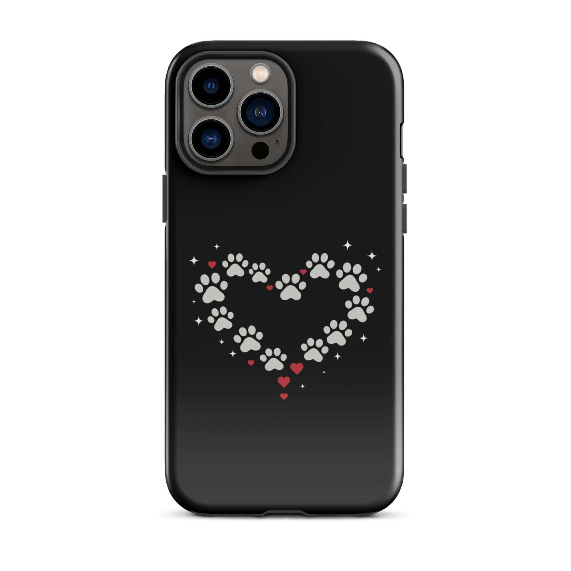 Phone Case for iPhone with paw-print heart design on a black background for pet lovers.