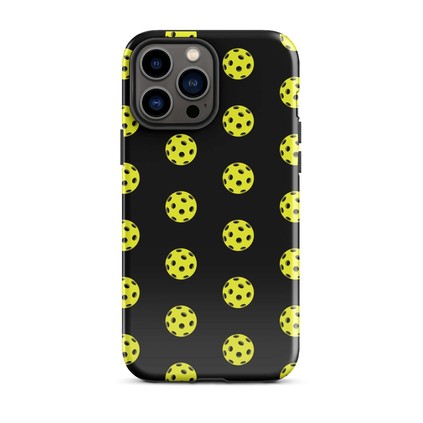 Phone Case for iPhone featuring a pickleball pattern on a sleek black background.