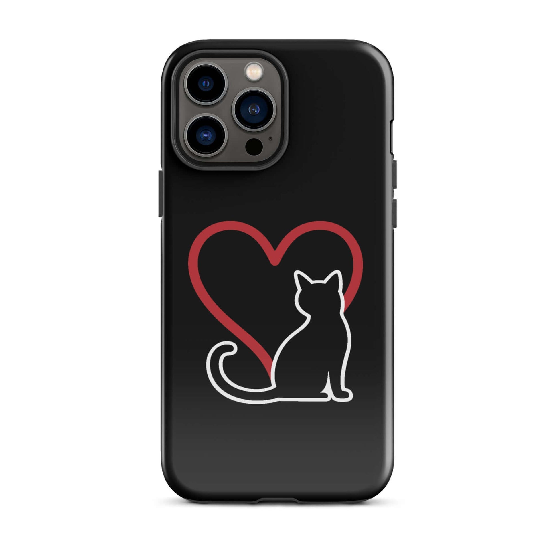 Phone Case featuring a black cat silhouette and red heart design, perfect for cat lovers.