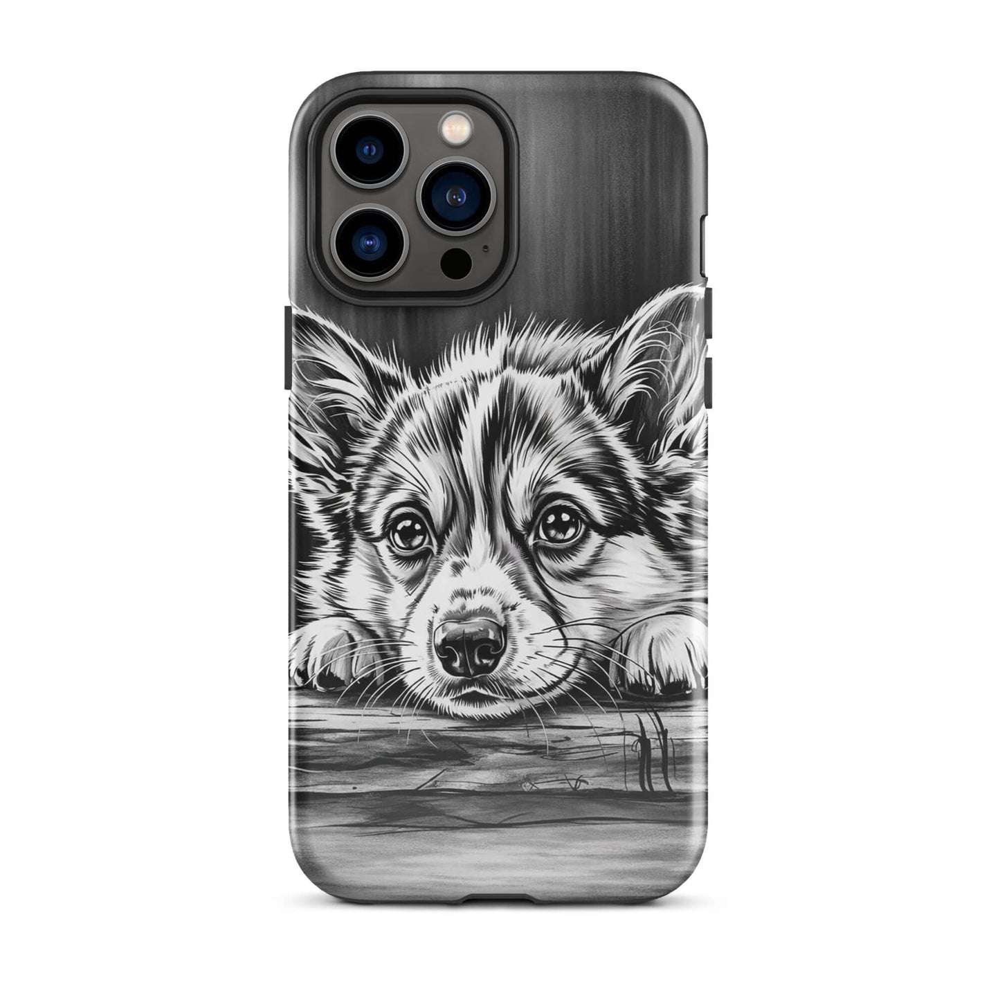 Phone Case for iPhone with elegant black-and-white puppy art on aged wood background, offering artistic charm and premium protection.
