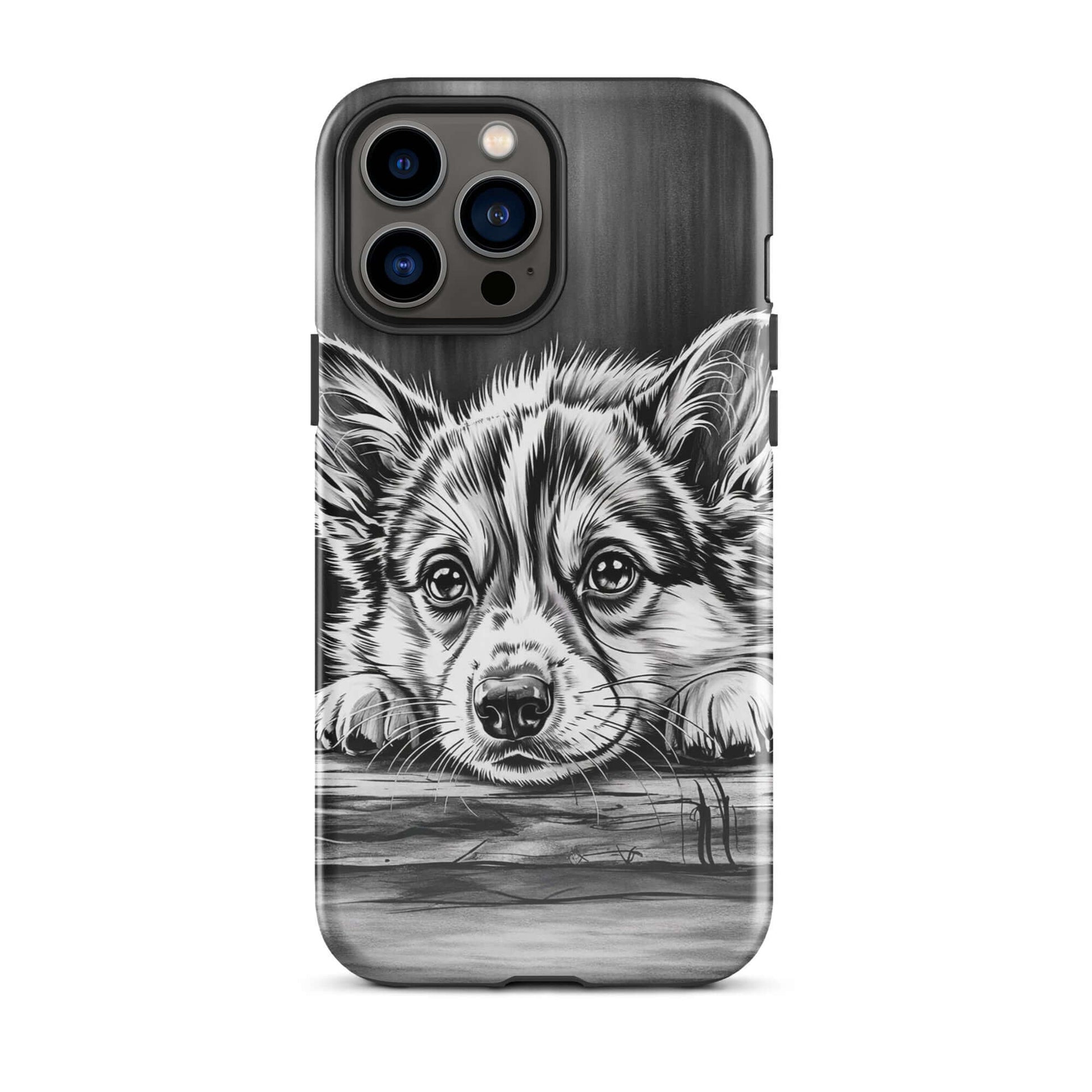 Phone Case for iPhone with elegant black-and-white puppy art on aged wood background, offering artistic charm and premium protection.
