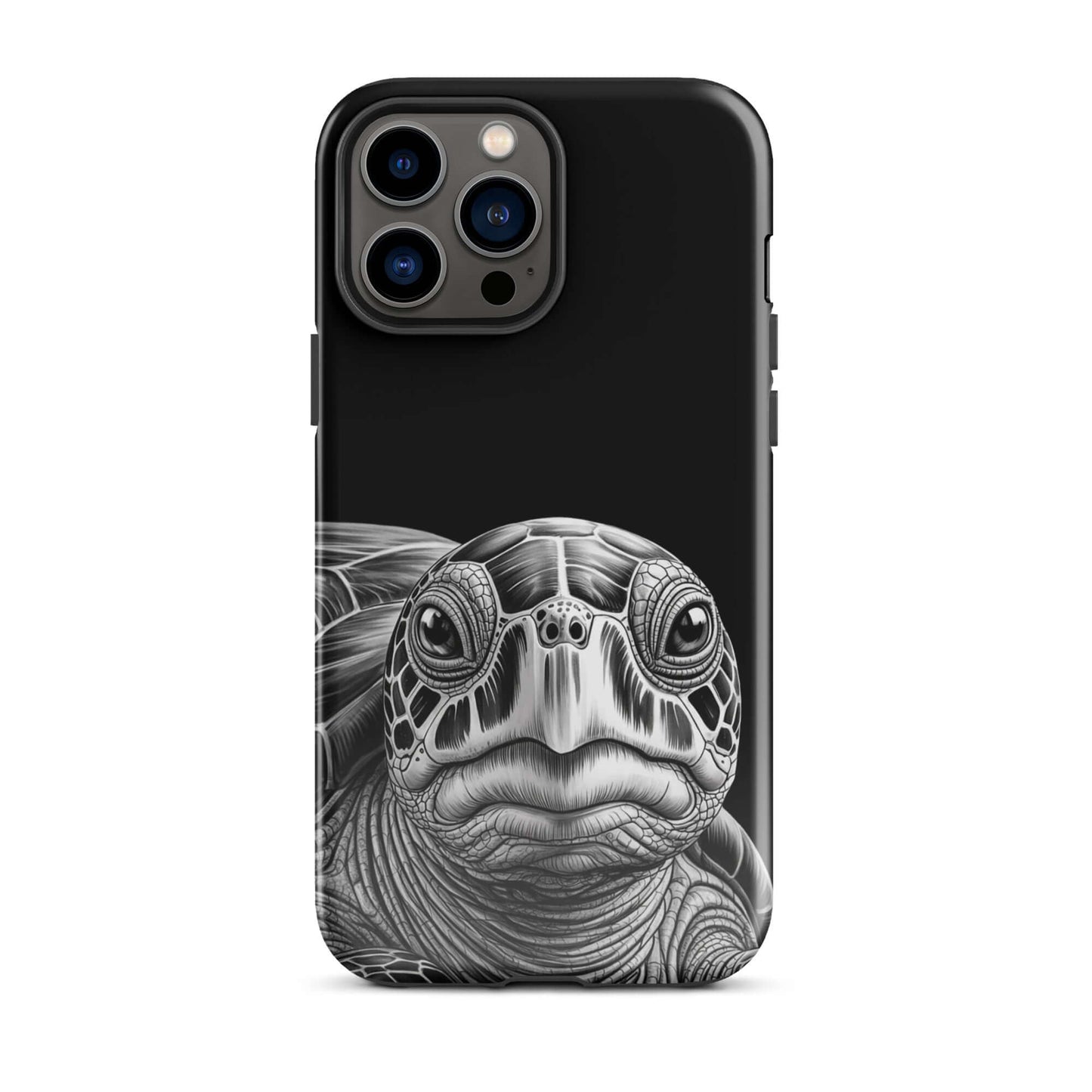 Phone Case featuring ancient sea turtle art design for iPhone, showcasing hyper-realistic black-and-white sketch with intricate details.