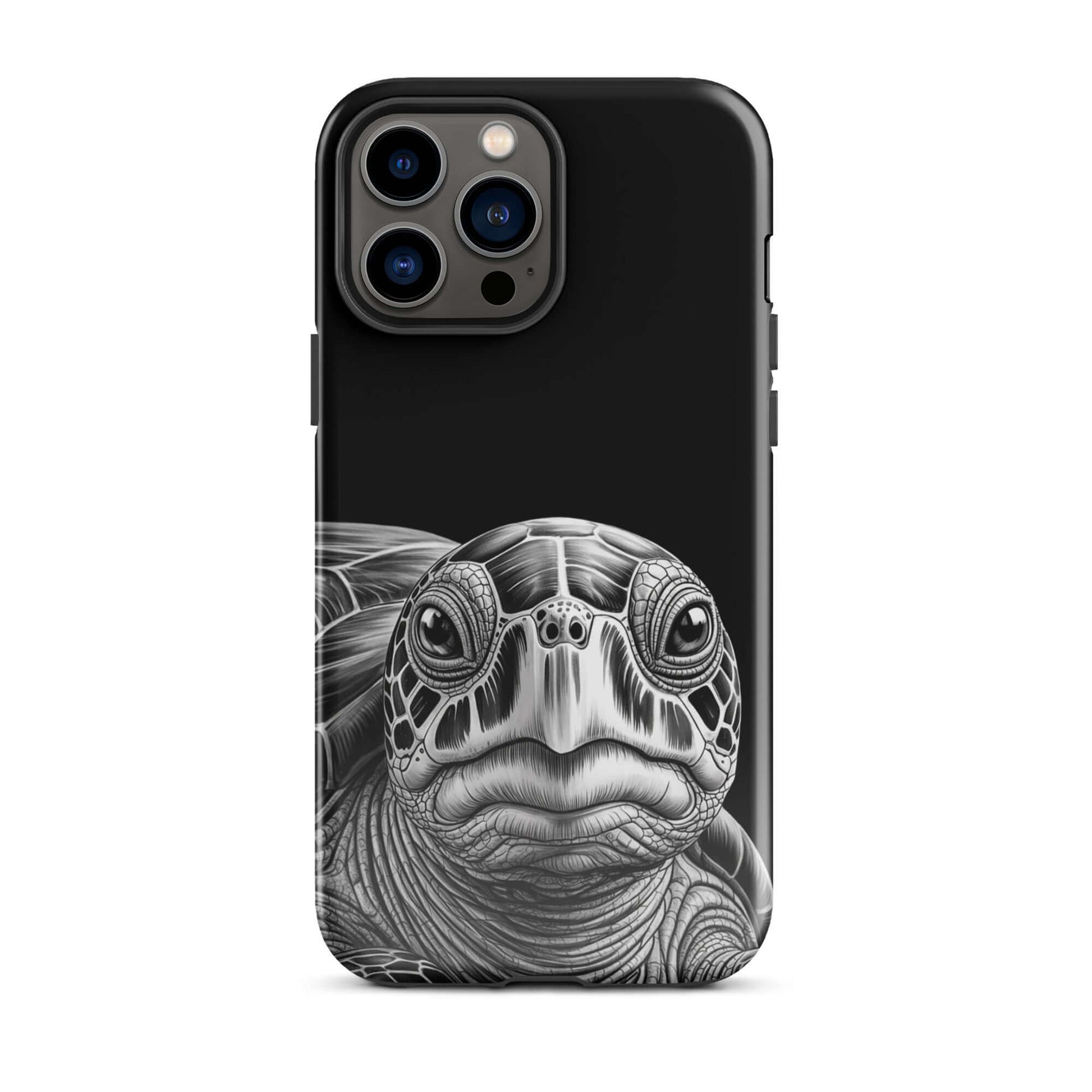 Phone Case featuring ancient sea turtle art design for iPhone, showcasing hyper-realistic black-and-white sketch with intricate details.