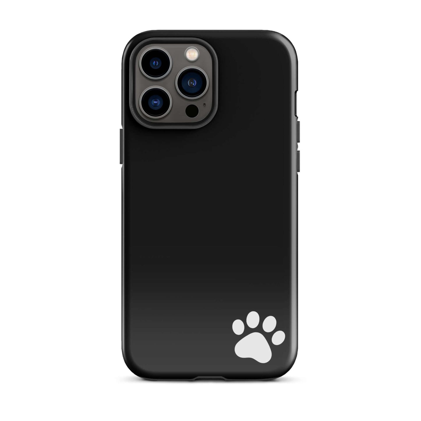 Phone Case with black design and small white paw print for iPhone, minimalist tough case.