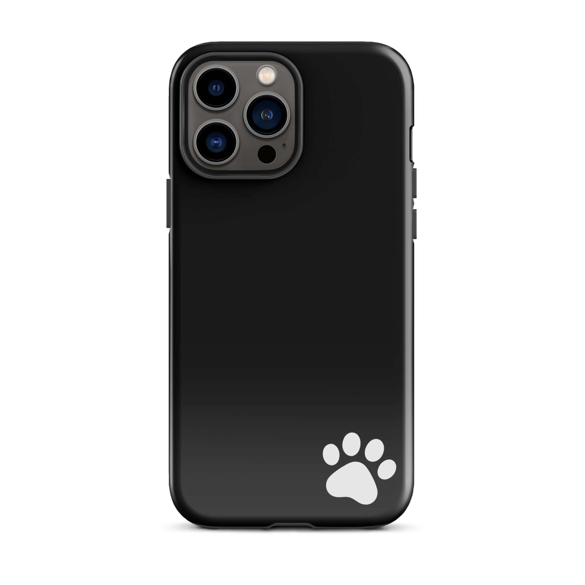 Phone Case with black design and small white paw print for iPhone, minimalist tough case.