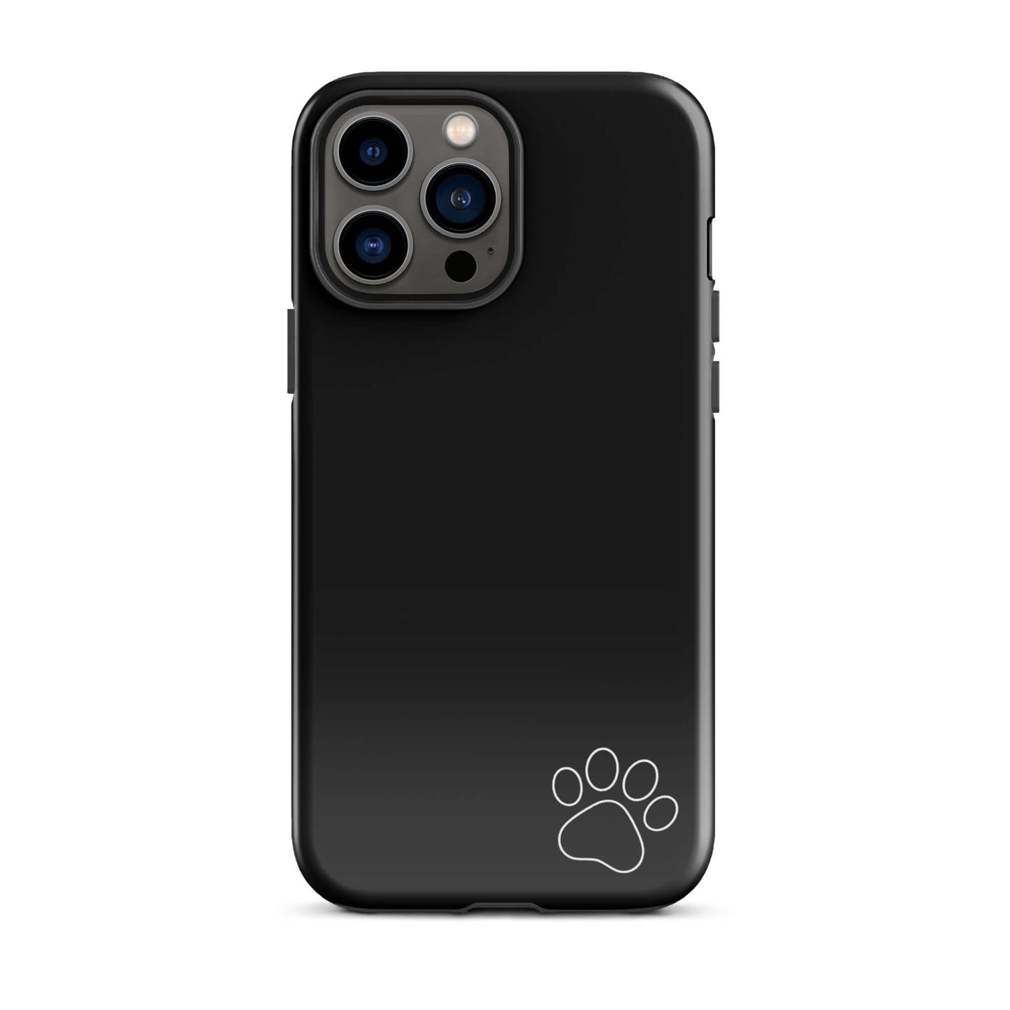 Phone Case for iPhone: Black Tough Case with white paw print design in the corner, minimalist style.