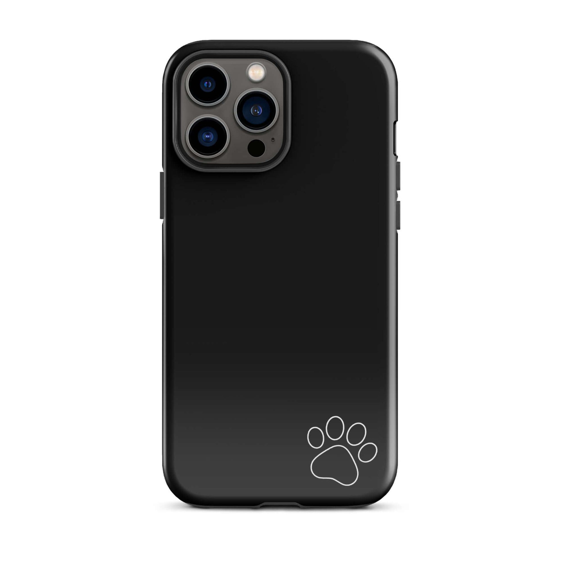 Phone Case for iPhone: Black Tough Case with white paw print design in the corner, minimalist style.