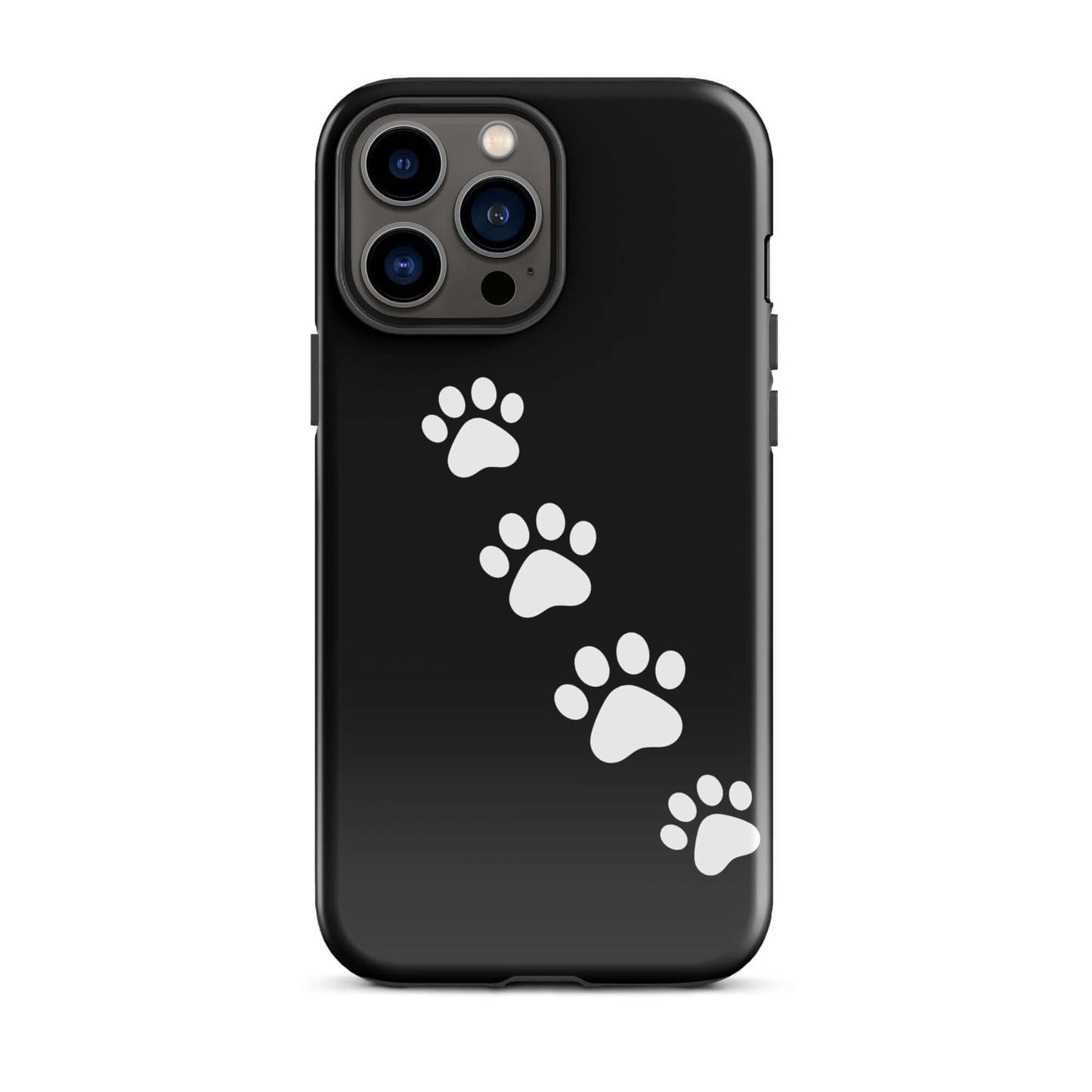 Phone case with paw print trail design for iPhone, black case with white paw prints, ideal for pet lovers, modern and playful design.