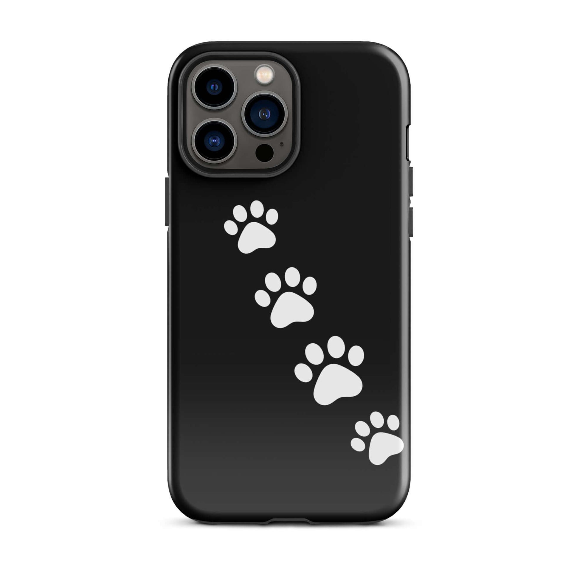 Phone case with paw print trail design for iPhone, black case with white paw prints, ideal for pet lovers, modern and playful design.