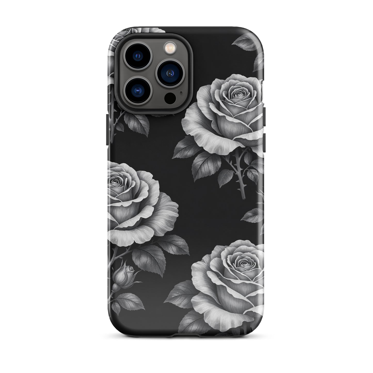 Phone Case for iPhone featuring rose garden design with pencil-sketch style roses on a black background, offering floral charm.