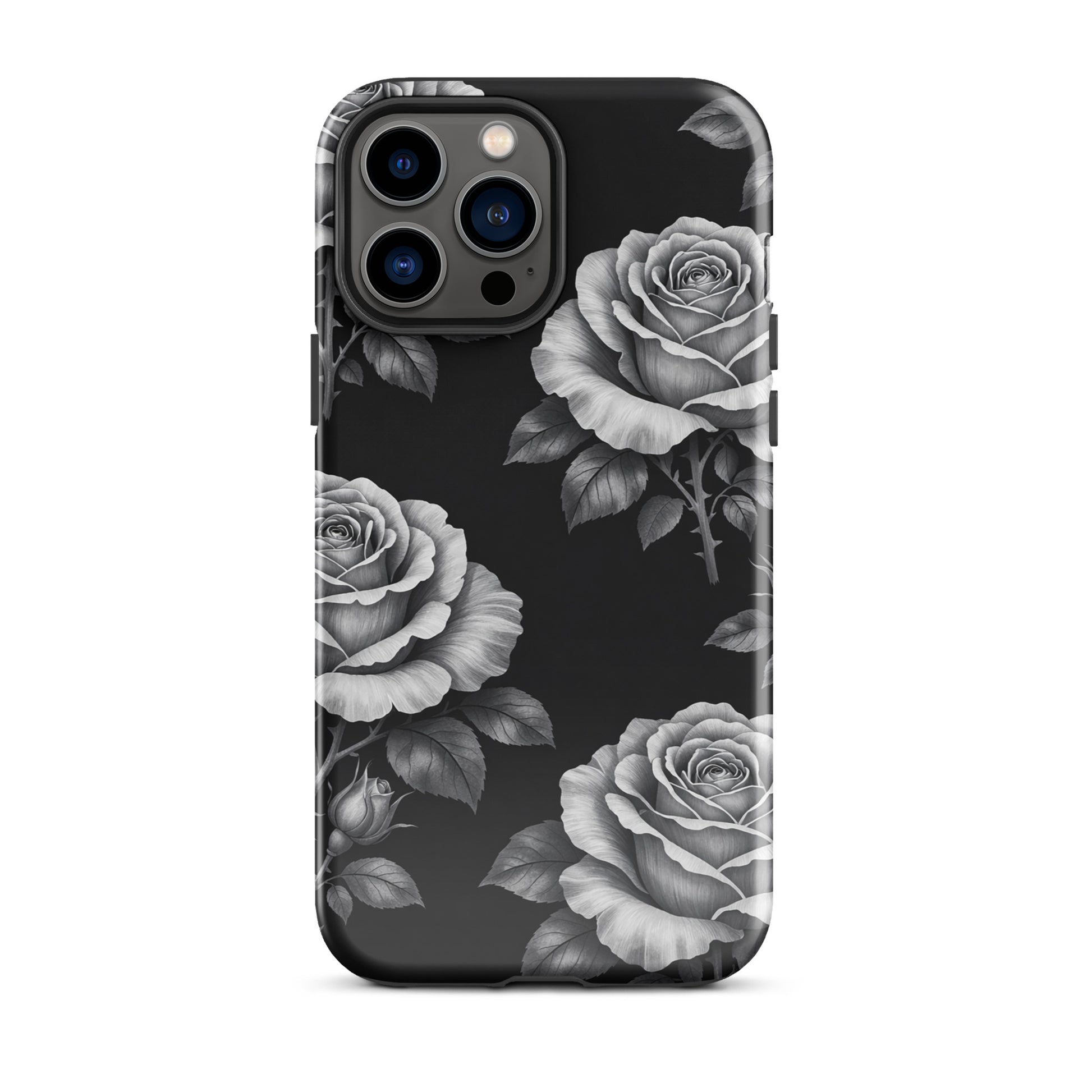 Phone Case for iPhone featuring rose garden design with pencil-sketch style roses on a black background, offering floral charm.