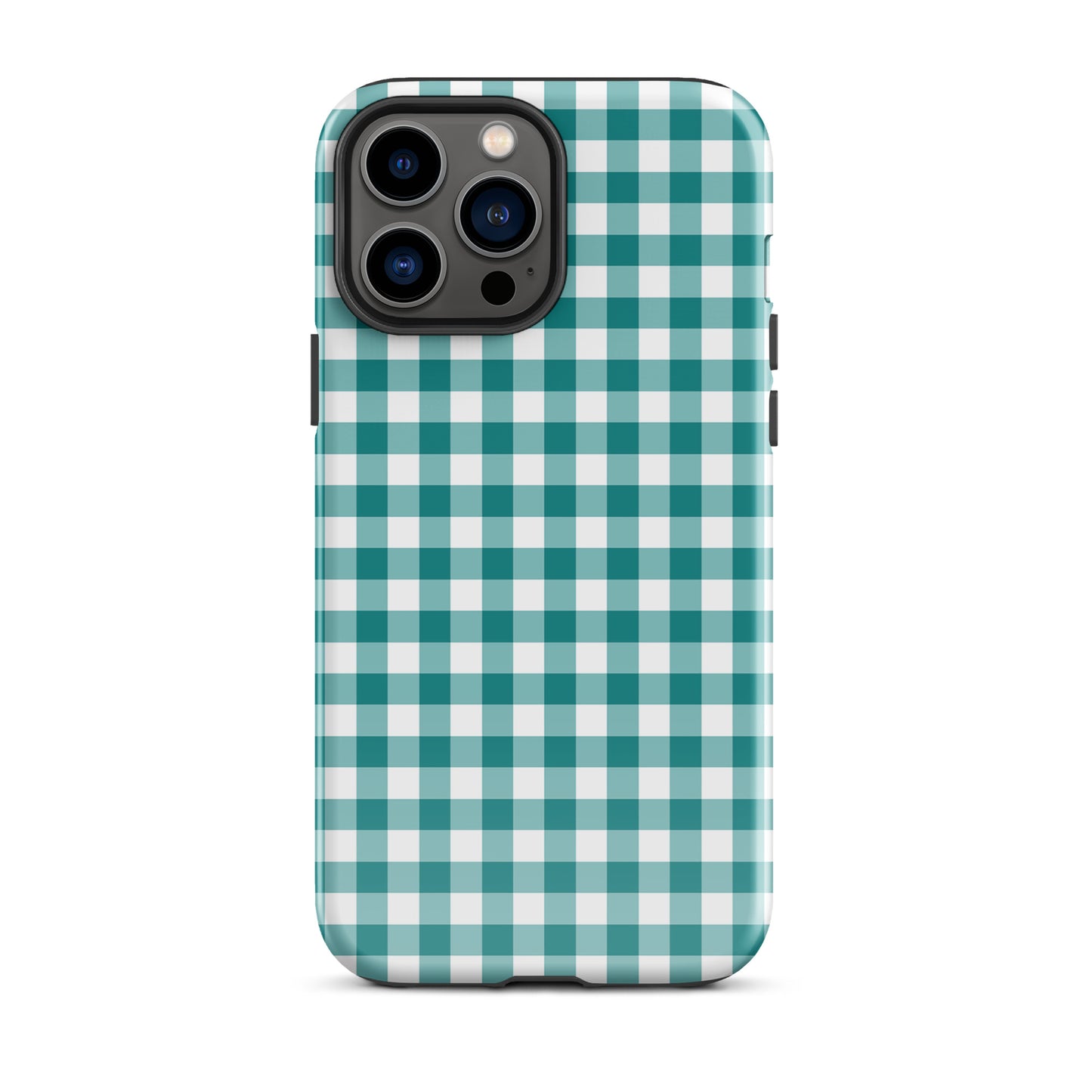 Phone Case for iPhone with teal and white gingham pattern, stylish and durable design, luxury aesthetic.