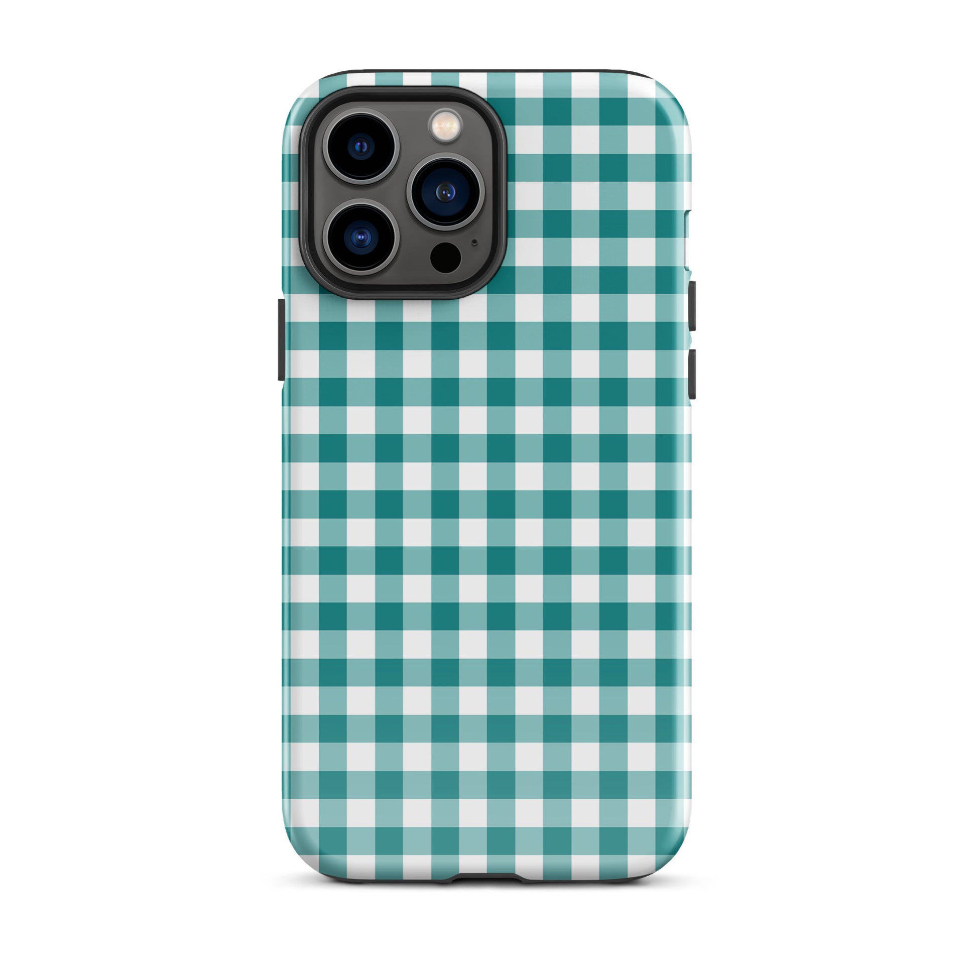 Phone Case for iPhone with teal and white gingham pattern, stylish and durable design, luxury aesthetic.