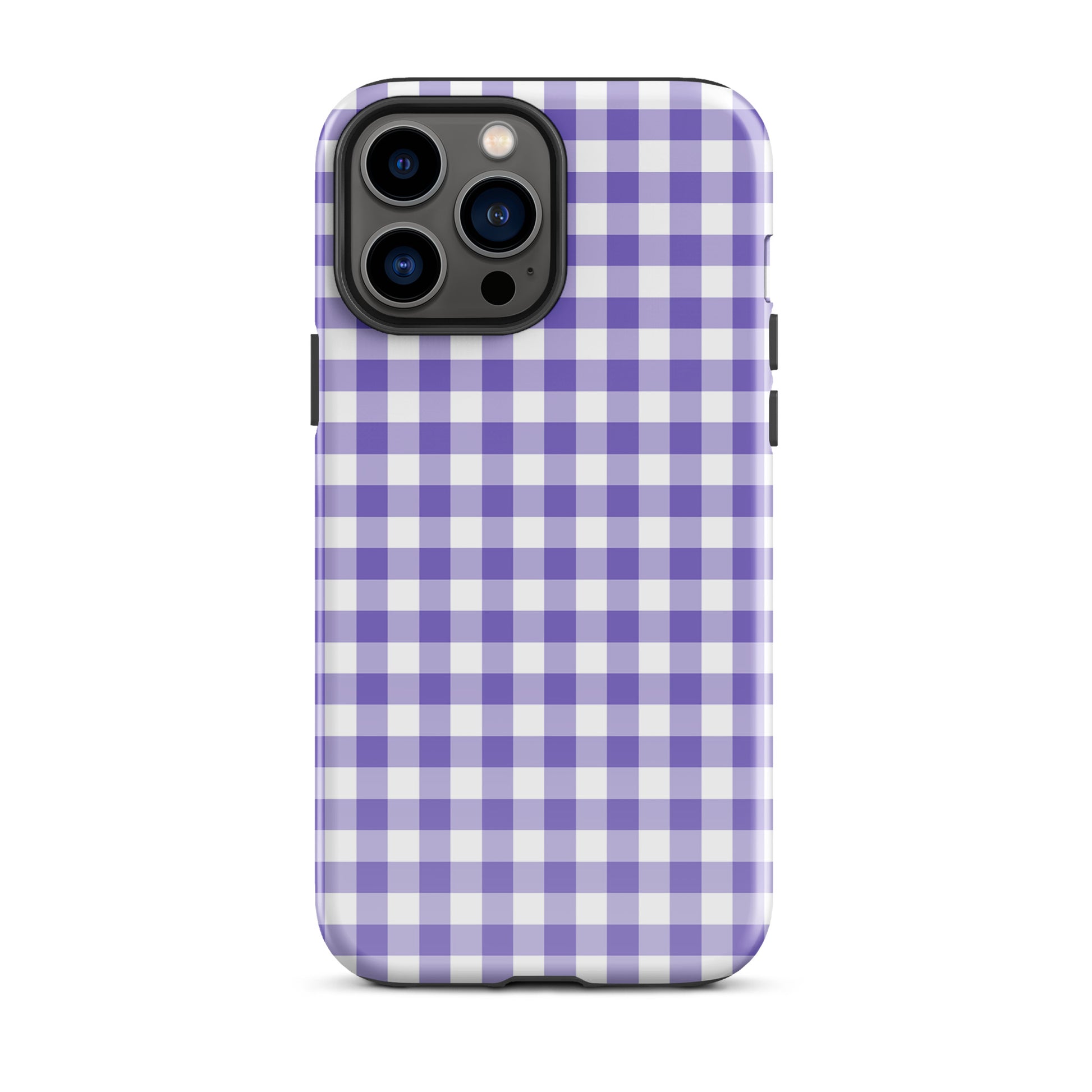 Phone Case for iPhone with purple-and-white gingham pattern, combining style and durable protection.