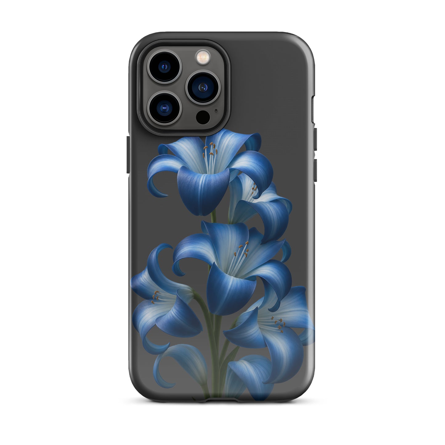 Phone Case for iPhone with blue lily bloom art, dual-layer protection, stylish floral design, tough finish, blue and black color scheme