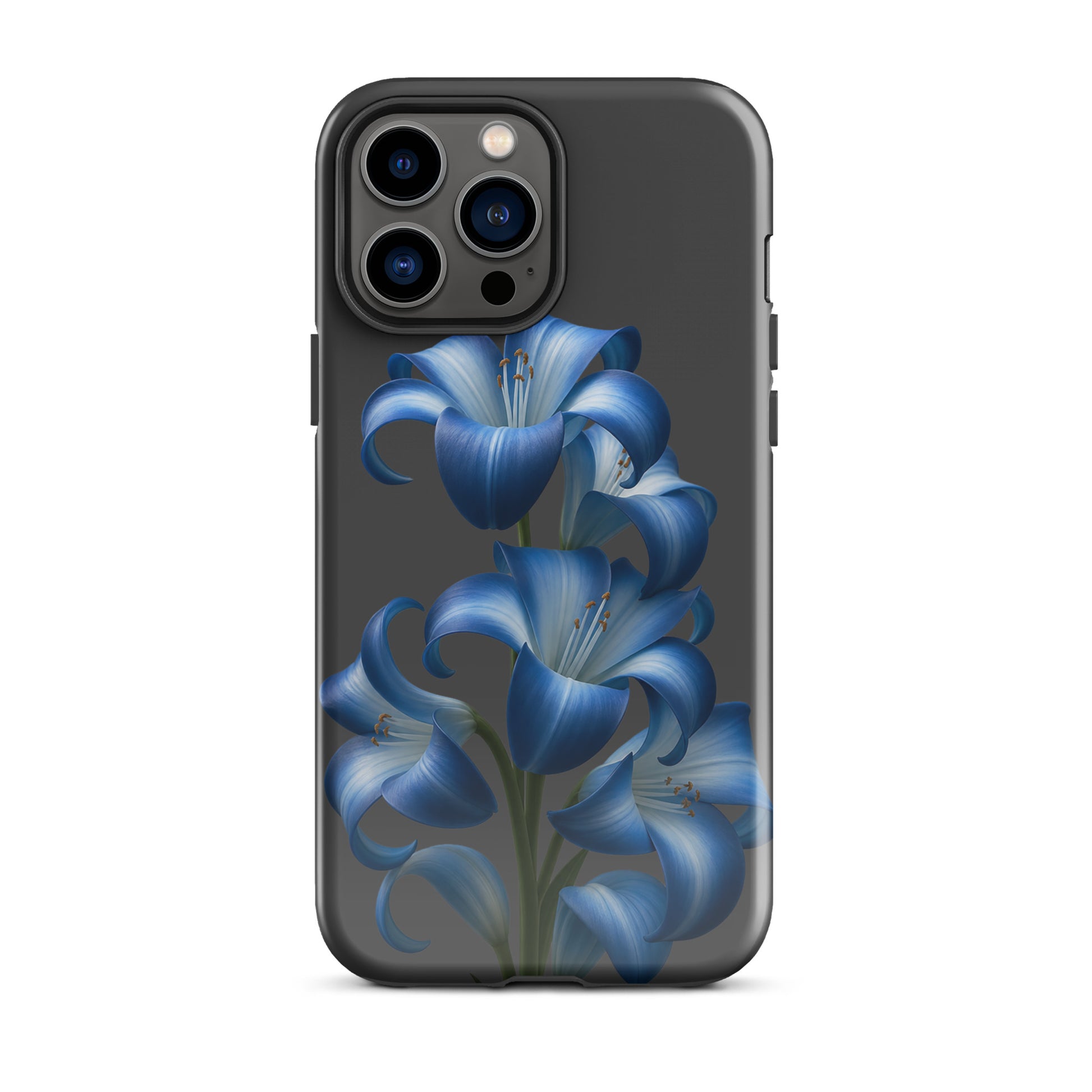 Phone Case for iPhone with blue lily bloom art, dual-layer protection, stylish floral design, tough finish, blue and black color scheme
